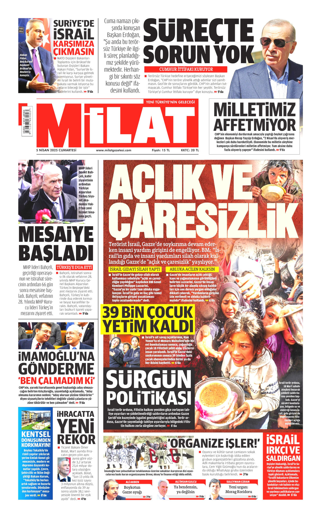MİLAT gazetesinin 5 Nisan 2025 tarihli birinci sayfası