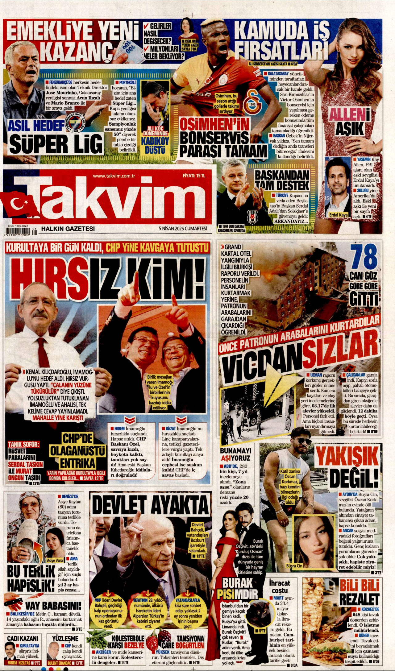 TAKVİM gazetesinin 5 Nisan 2025 tarihli birinci sayfası