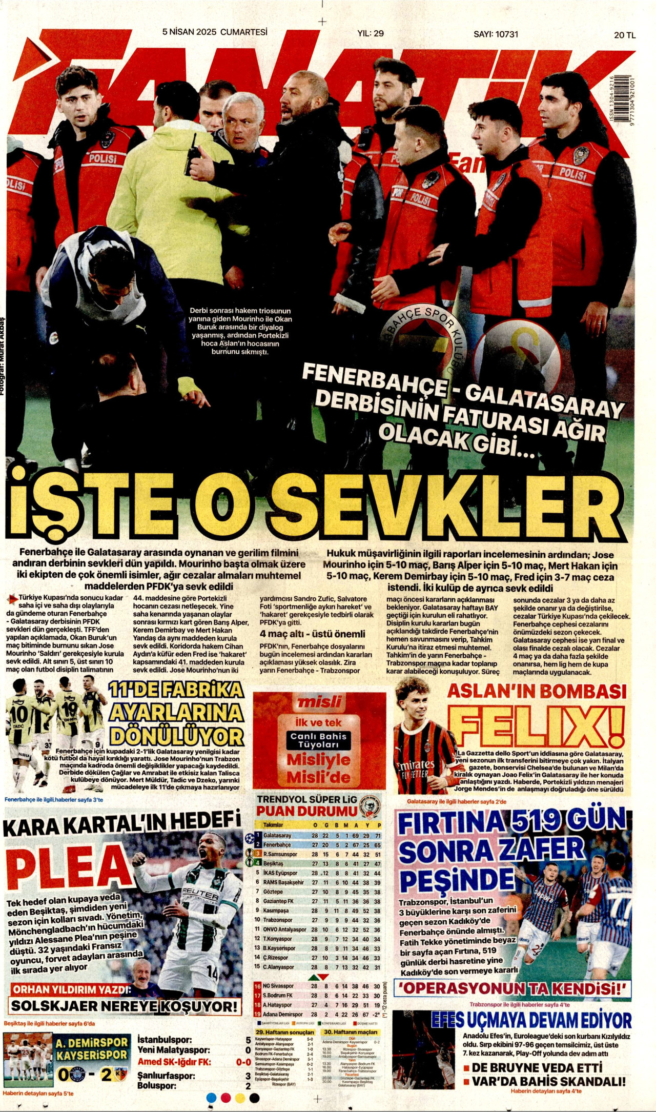FANATİK gazetesinin 5 Nisan 2025 tarihli birinci sayfası