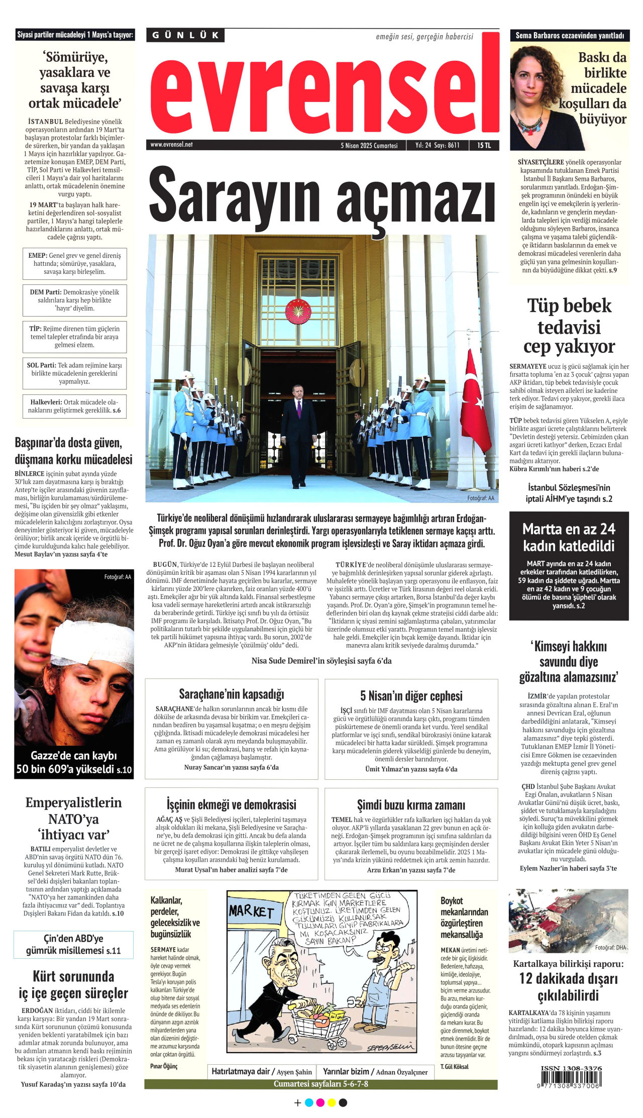 EVRENSEL gazetesinin 5 Nisan 2025 tarihli birinci sayfası