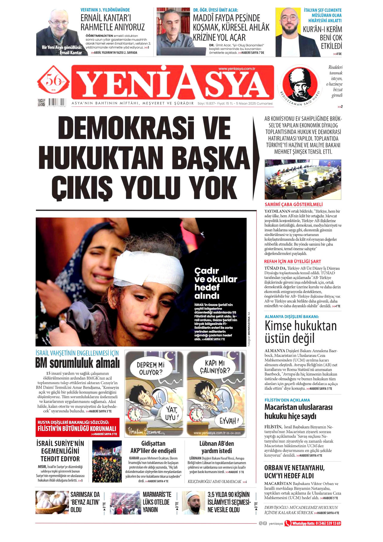 YENİ ASYA gazetesinin 5 Nisan 2025 tarihli birinci sayfası