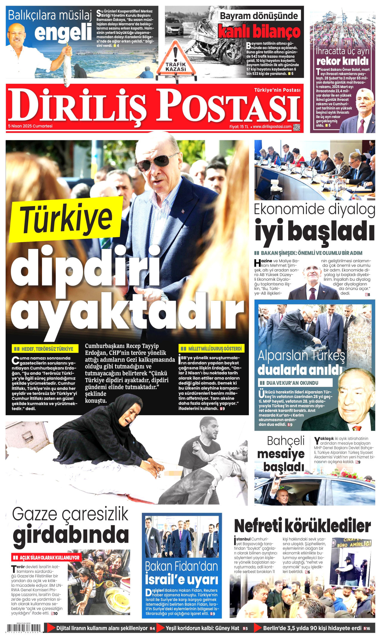 DİRİLİŞ POSTASI gazetesinin 5 Nisan 2025 tarihli birinci sayfası