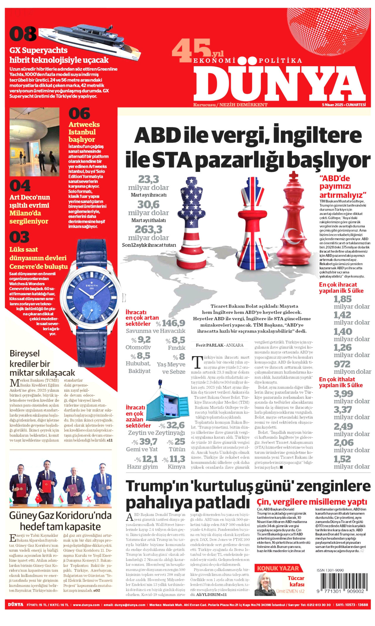 DÜNYA gazetesinin 5 Nisan 2025 tarihli birinci sayfası