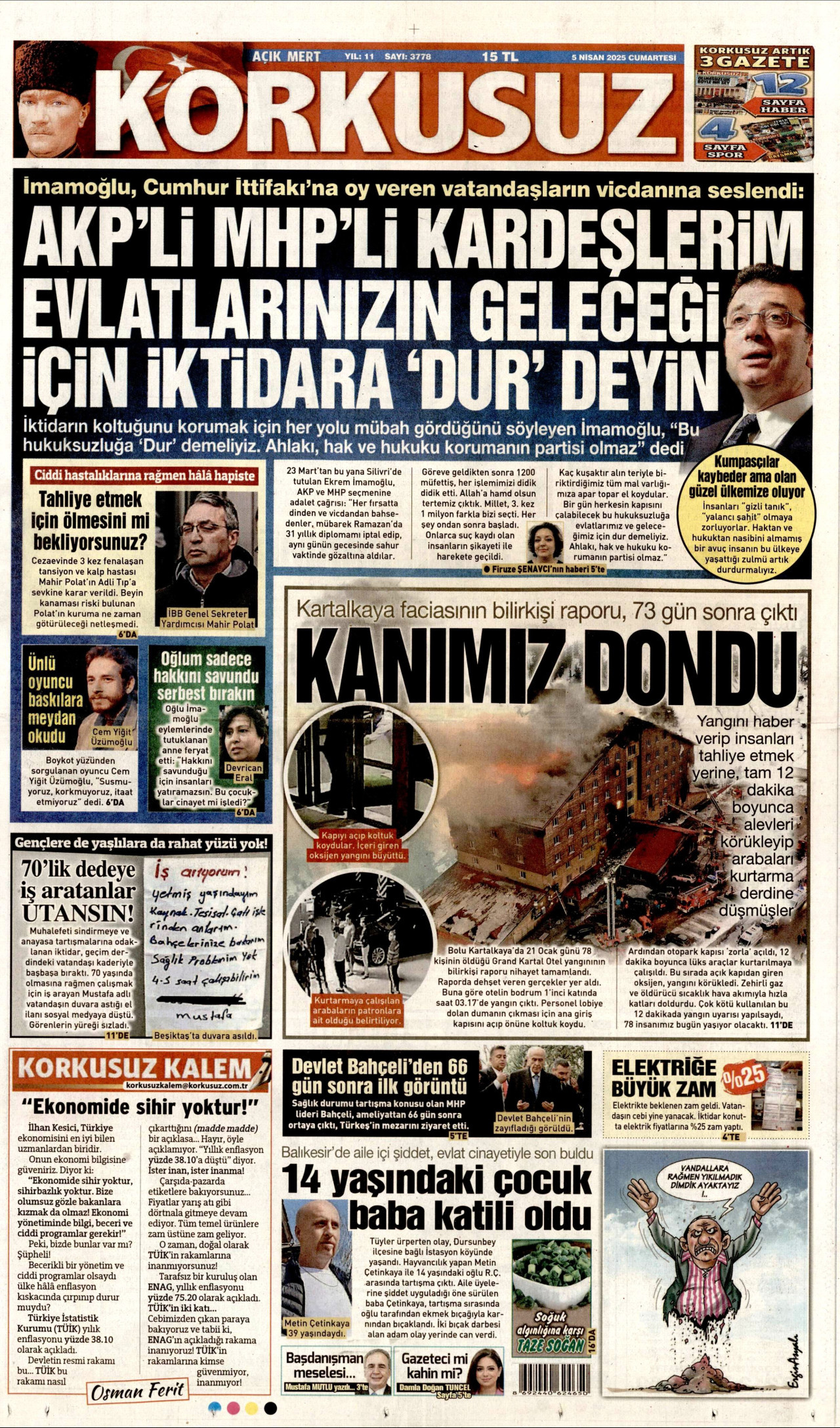 KORKUSUZ gazetesinin 5 Nisan 2025 tarihli birinci sayfası