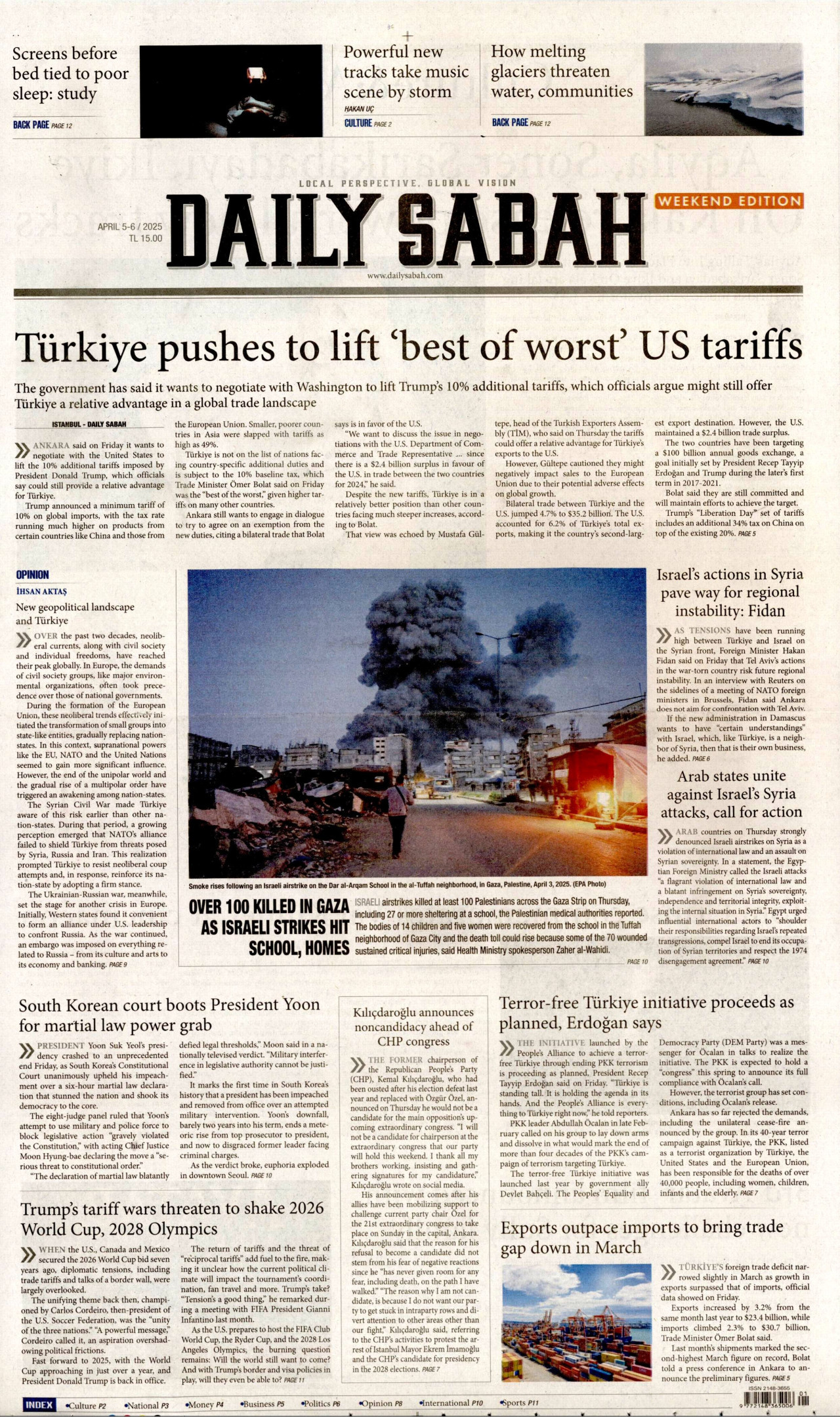 DAİLY SABAH gazetesinin 5 Nisan 2025 tarihli birinci sayfası