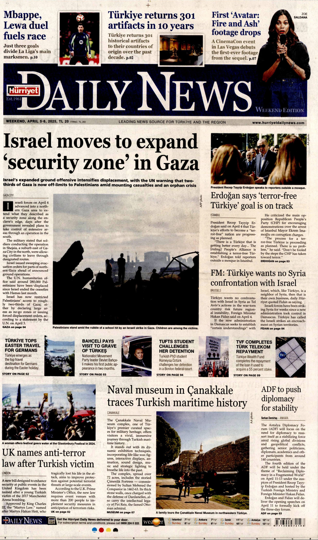 HÜRRİYET DAİLY NEWS gazetesinin 5 Nisan 2025 tarihli birinci sayfası