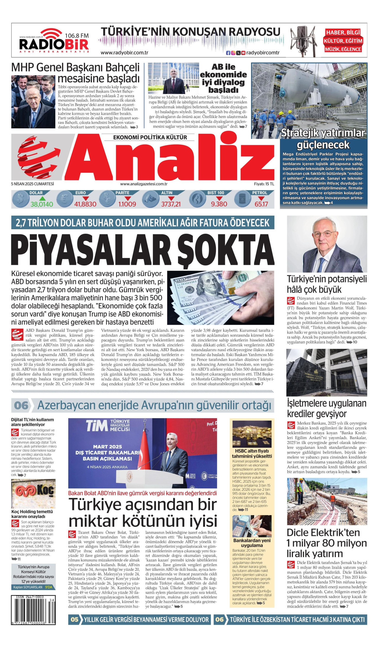 ANALİZ gazetesinin 5 Nisan 2025 tarihli birinci sayfası