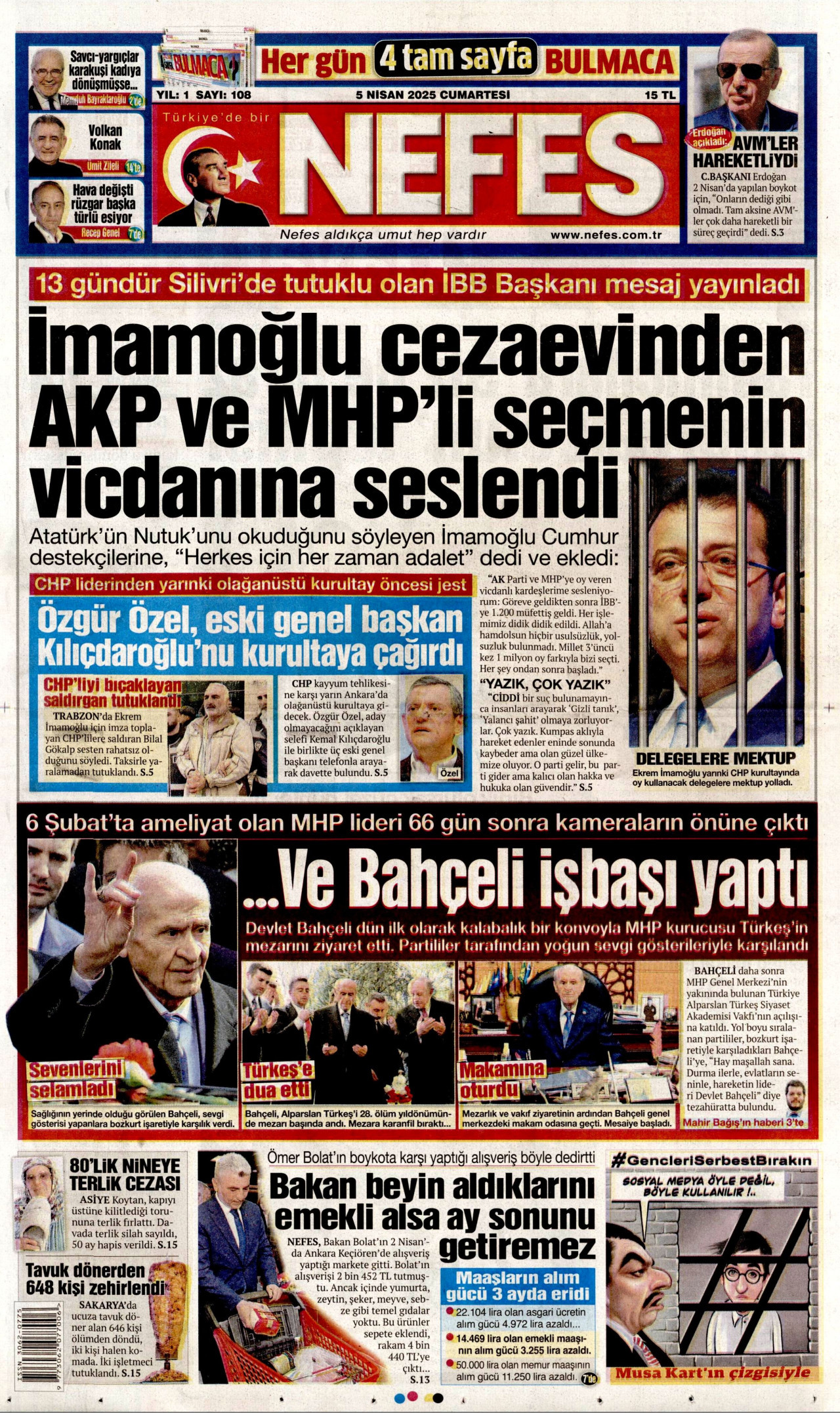 NEFES gazetesinin 5 Nisan 2025 tarihli birinci sayfası