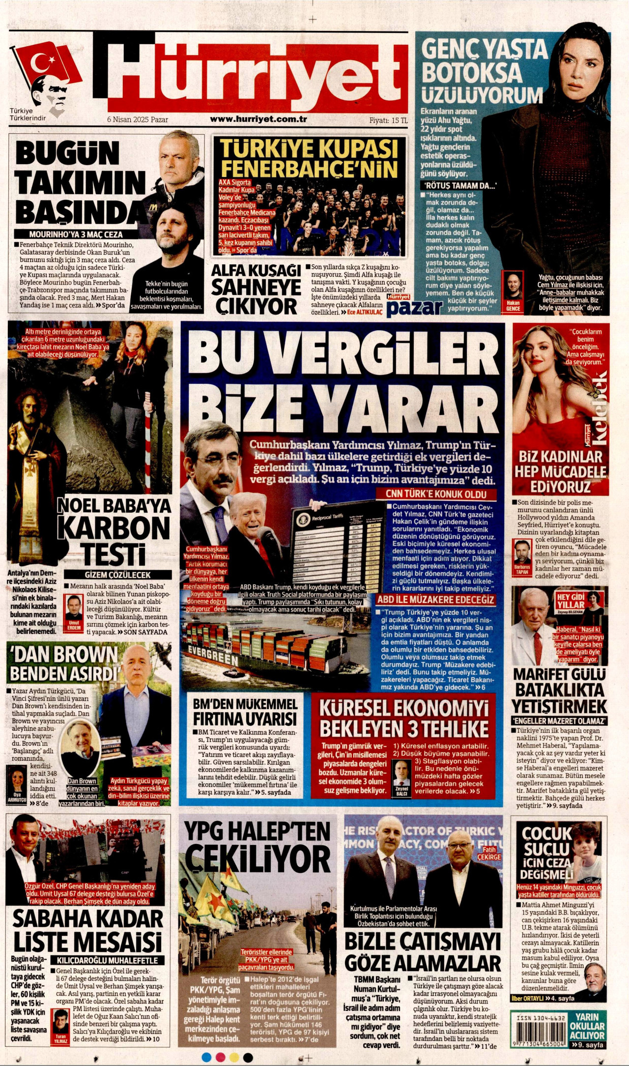 HÜRRİYET gazetesinin 6 Nisan 2025 tarihli birinci sayfası