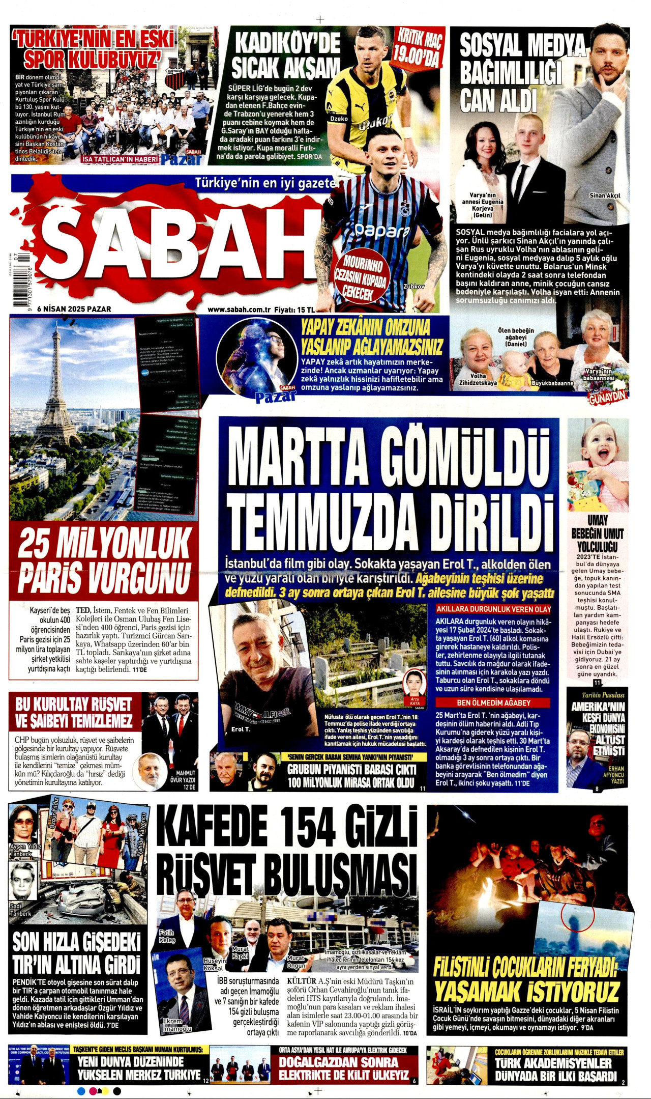 SABAH gazetesinin 6 Nisan 2025 tarihli birinci sayfası