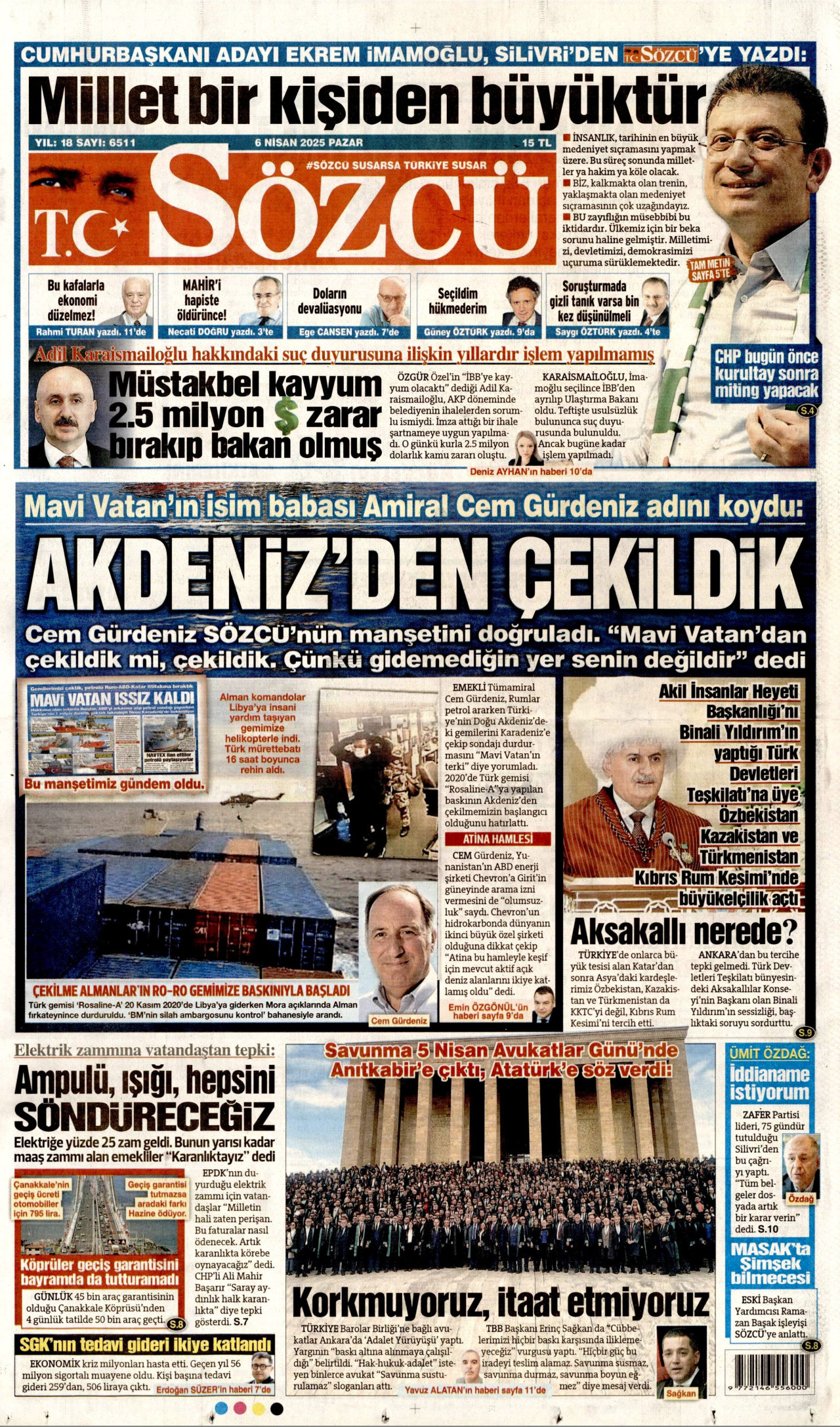 SÖZCÜ gazetesinin 6 Nisan 2025 tarihli birinci sayfası