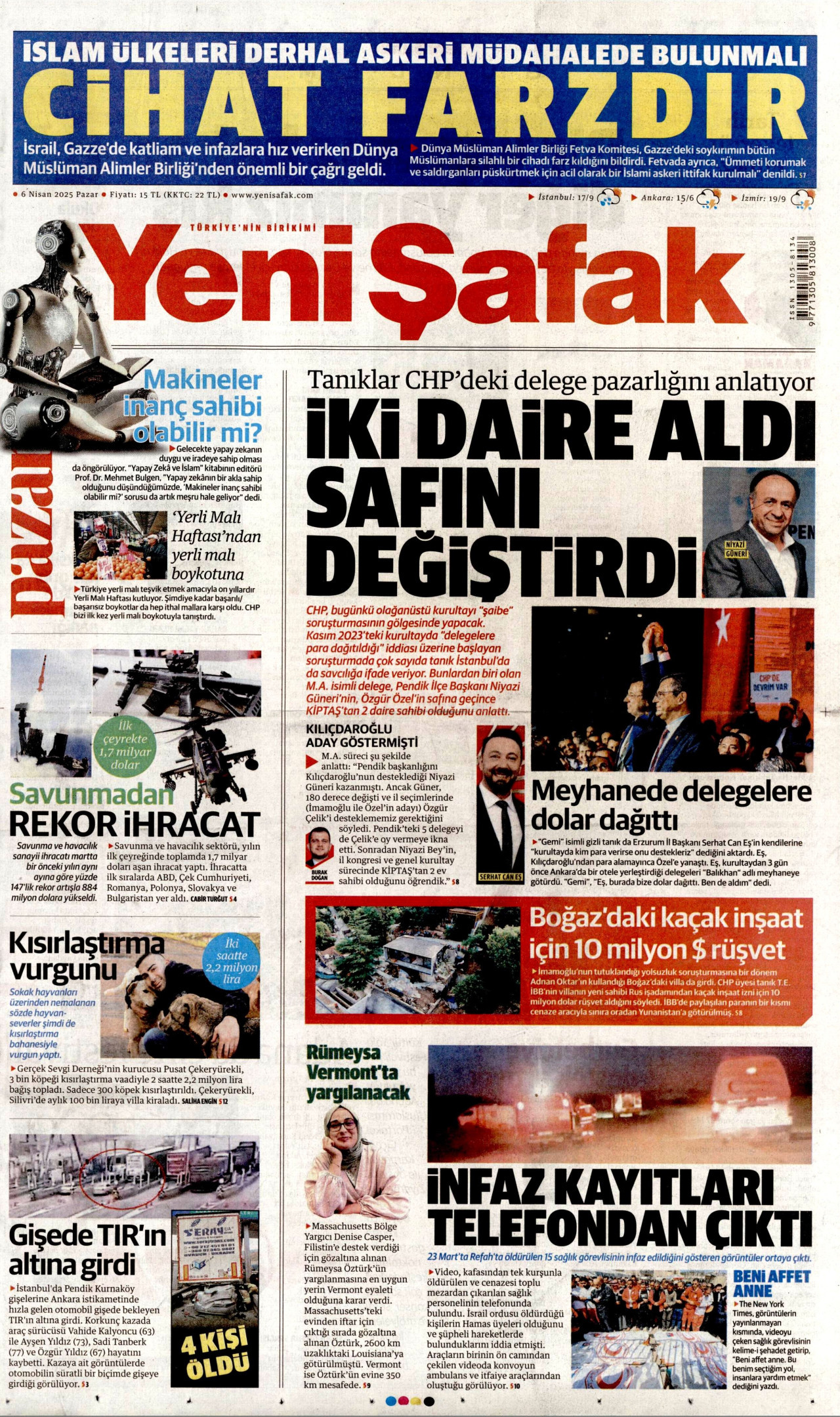YENİ ŞAFAK gazetesinin 6 Nisan 2025 tarihli birinci sayfası