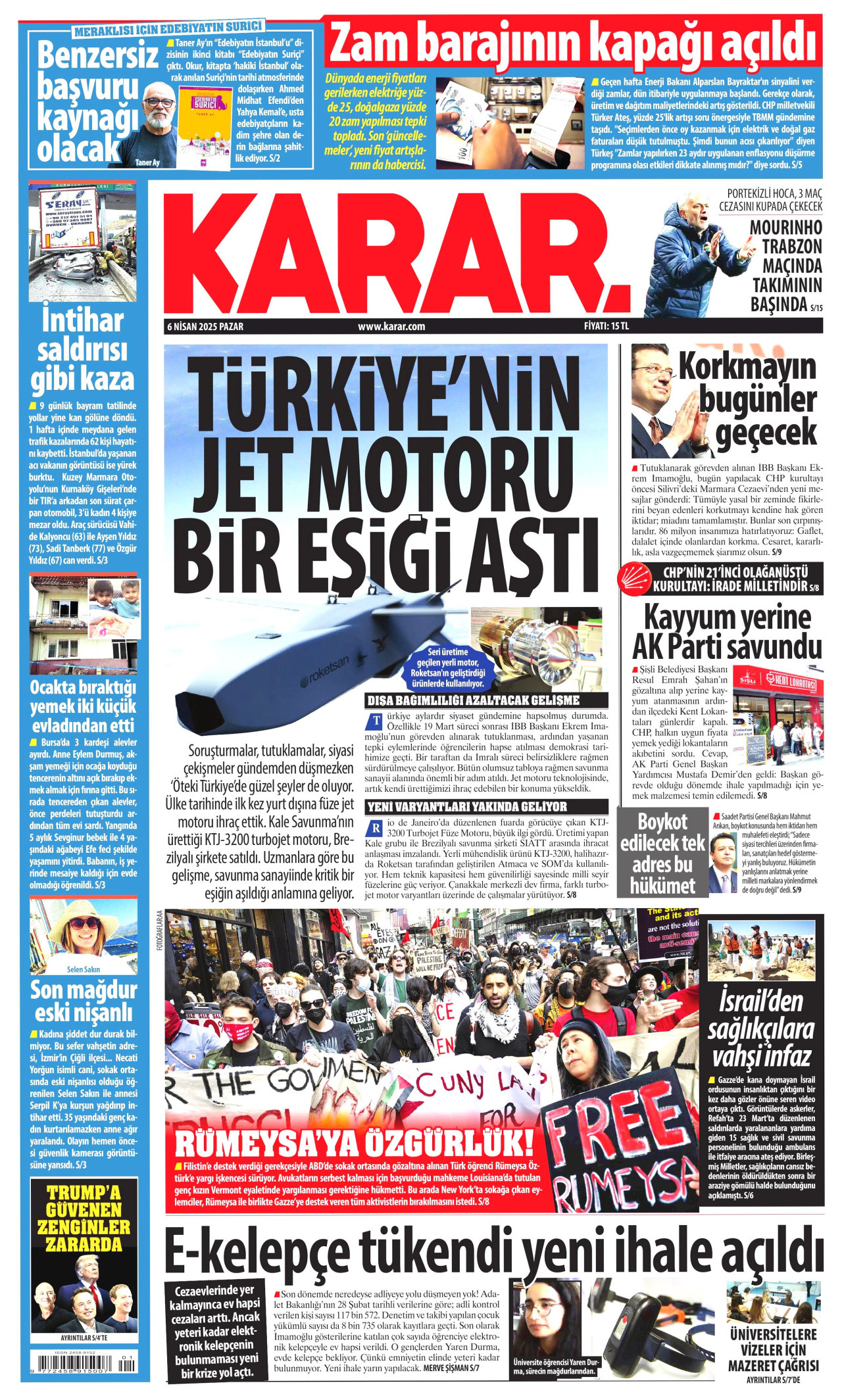 KARAR gazetesinin 6 Nisan 2025 tarihli birinci sayfası