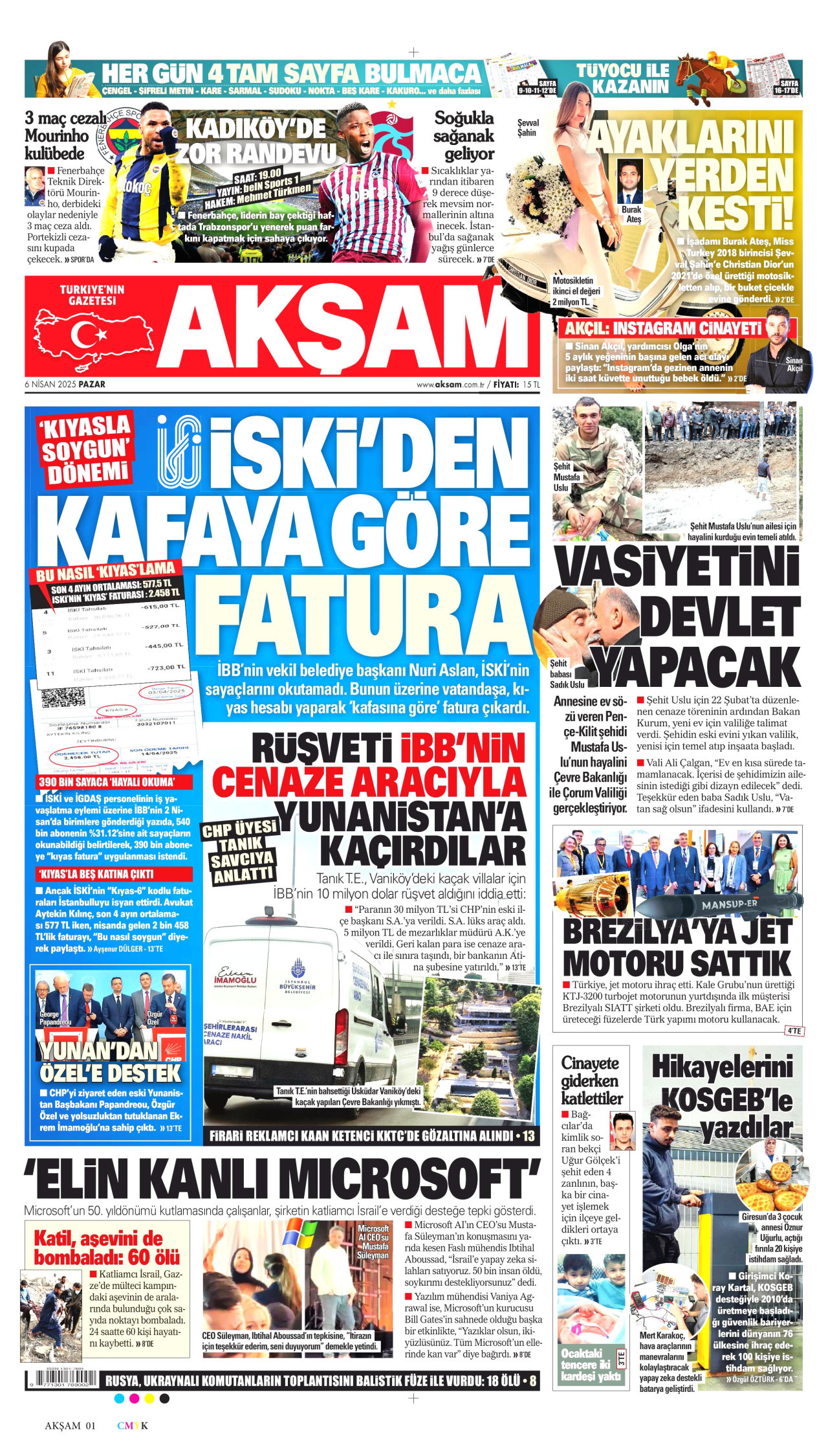 AKŞAM gazetesinin 6 Nisan 2025 tarihli birinci sayfası