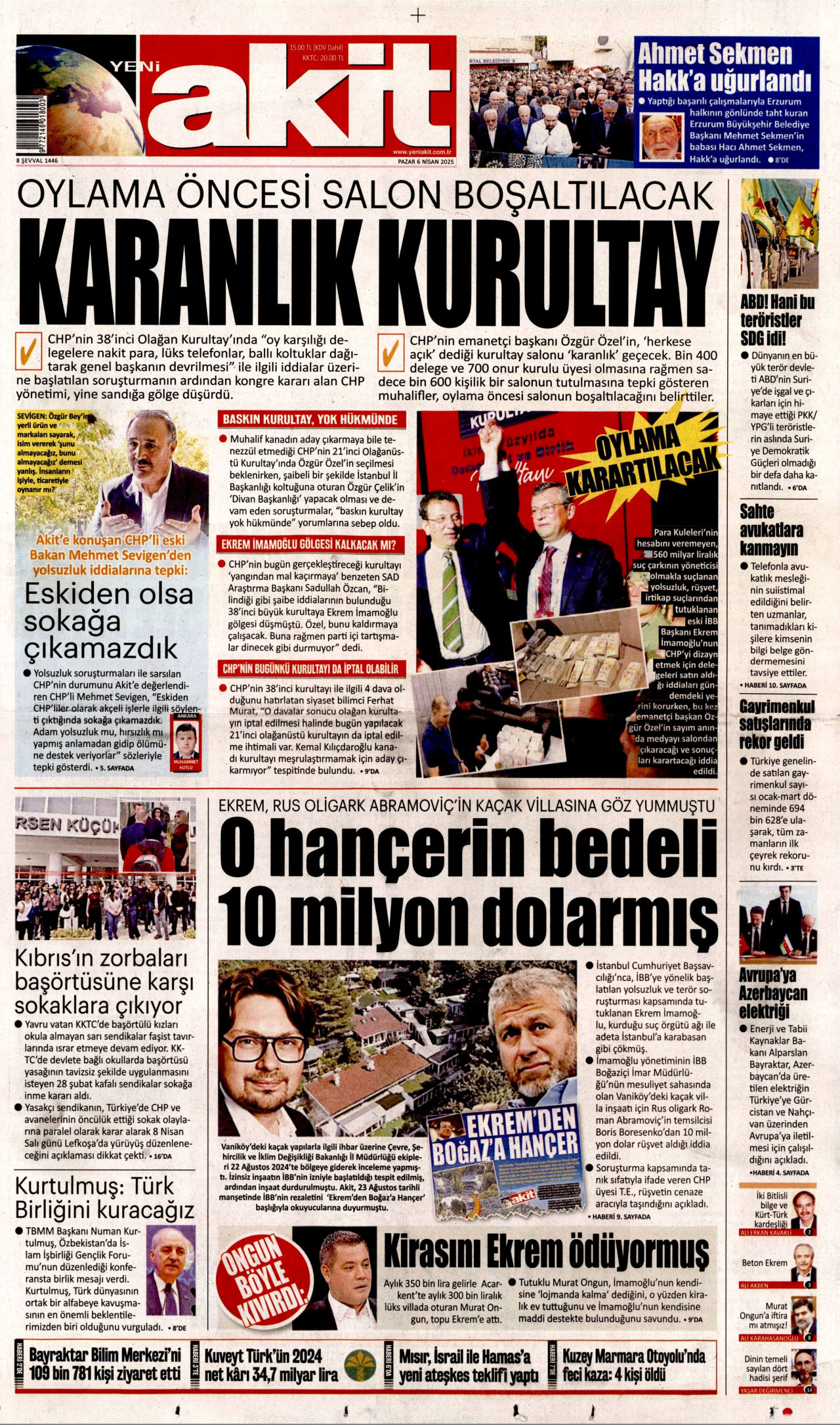 YENİ AKİT gazetesinin 6 Nisan 2025 tarihli birinci sayfası