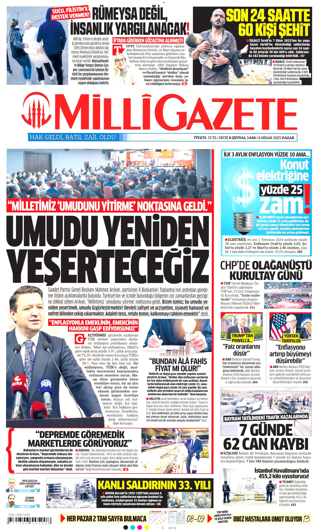 MİLLİ GAZETE gazetesinin 6 Nisan 2025 tarihli birinci sayfası