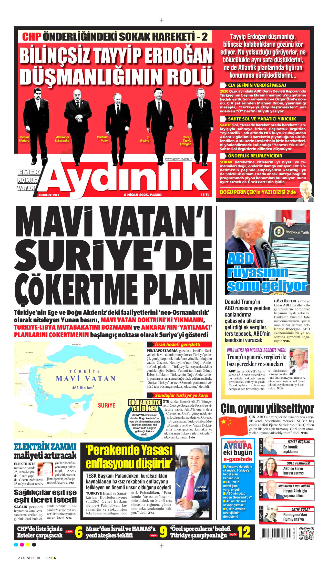 AYDINLIK GAZETESİ gazetesinin 6 Nisan 2025 tarihli birinci sayfası