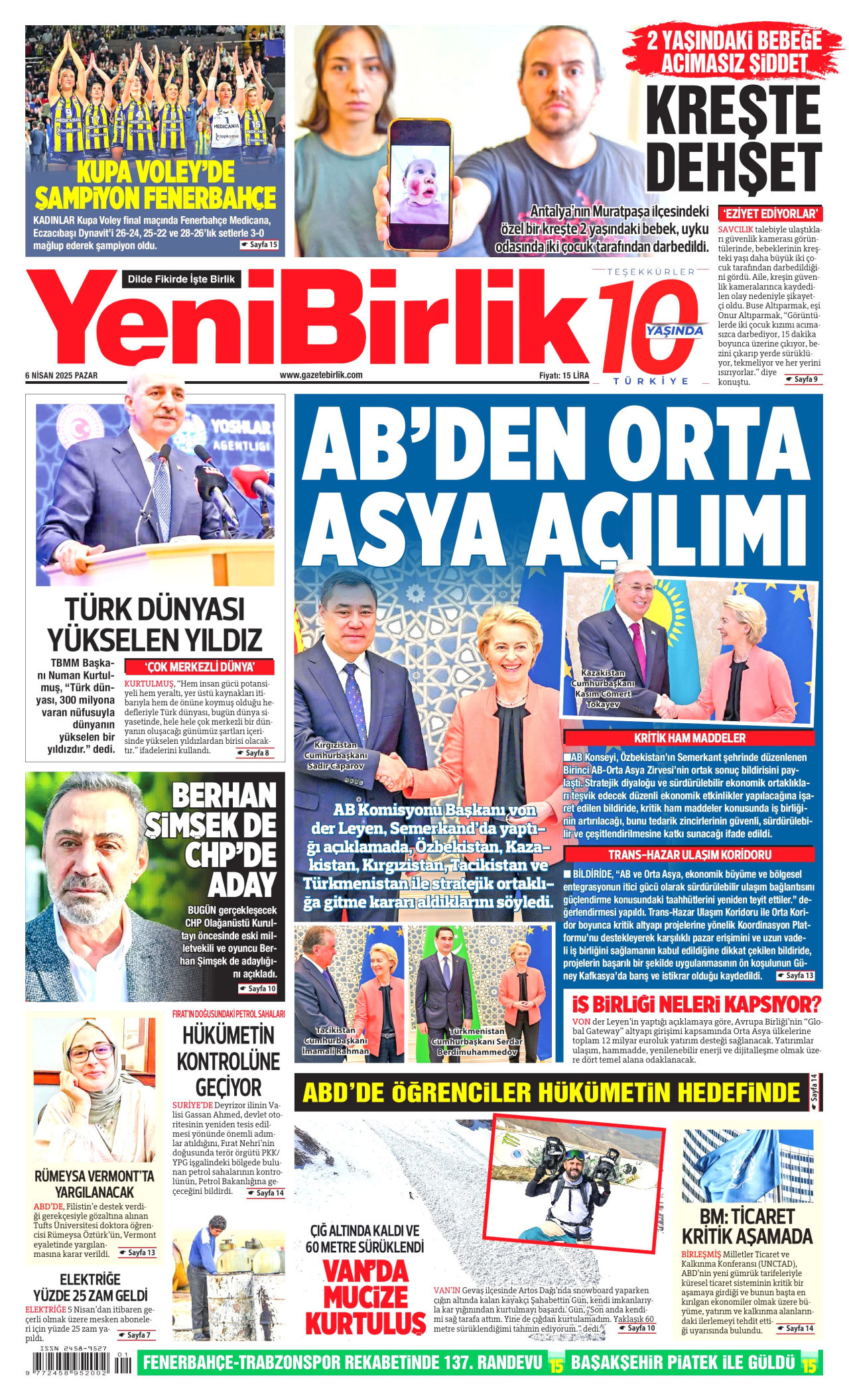 YENİBİRLİK gazetesinin 6 Nisan 2025 tarihli birinci sayfası