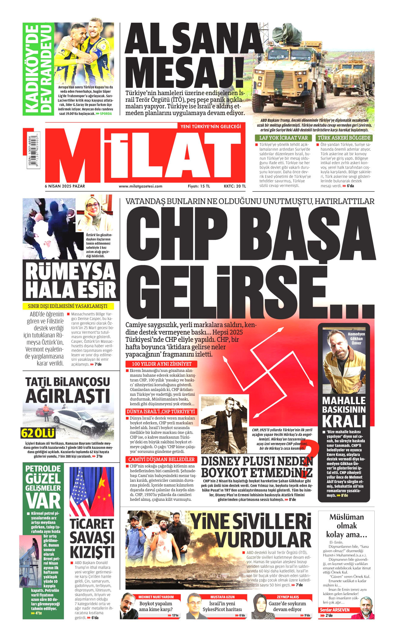 MİLAT gazetesinin 6 Nisan 2025 tarihli birinci sayfası