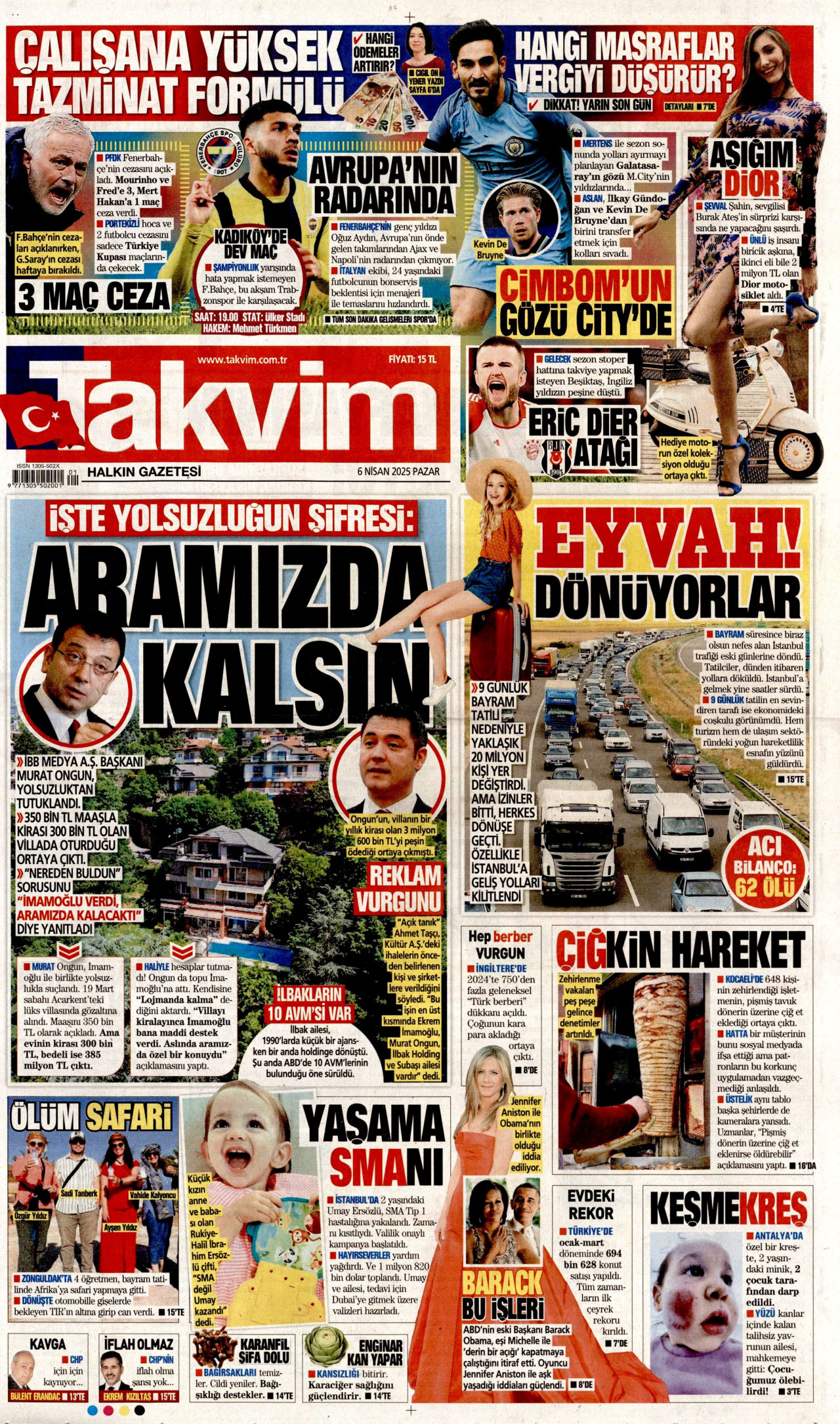 TAKVİM gazetesinin 6 Nisan 2025 tarihli birinci sayfası