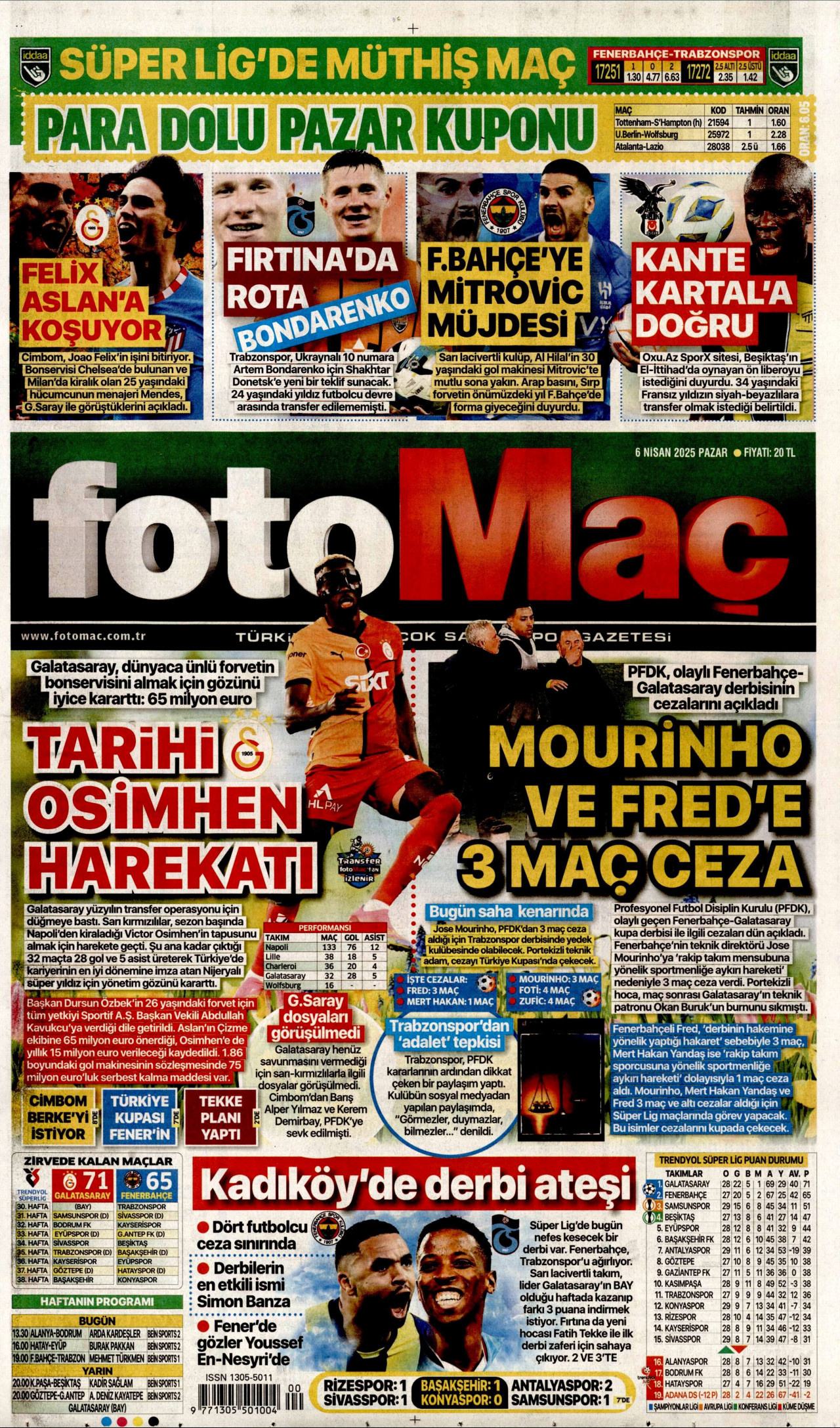 FOTOMAÇ gazetesinin 6 Nisan 2025 tarihli birinci sayfası