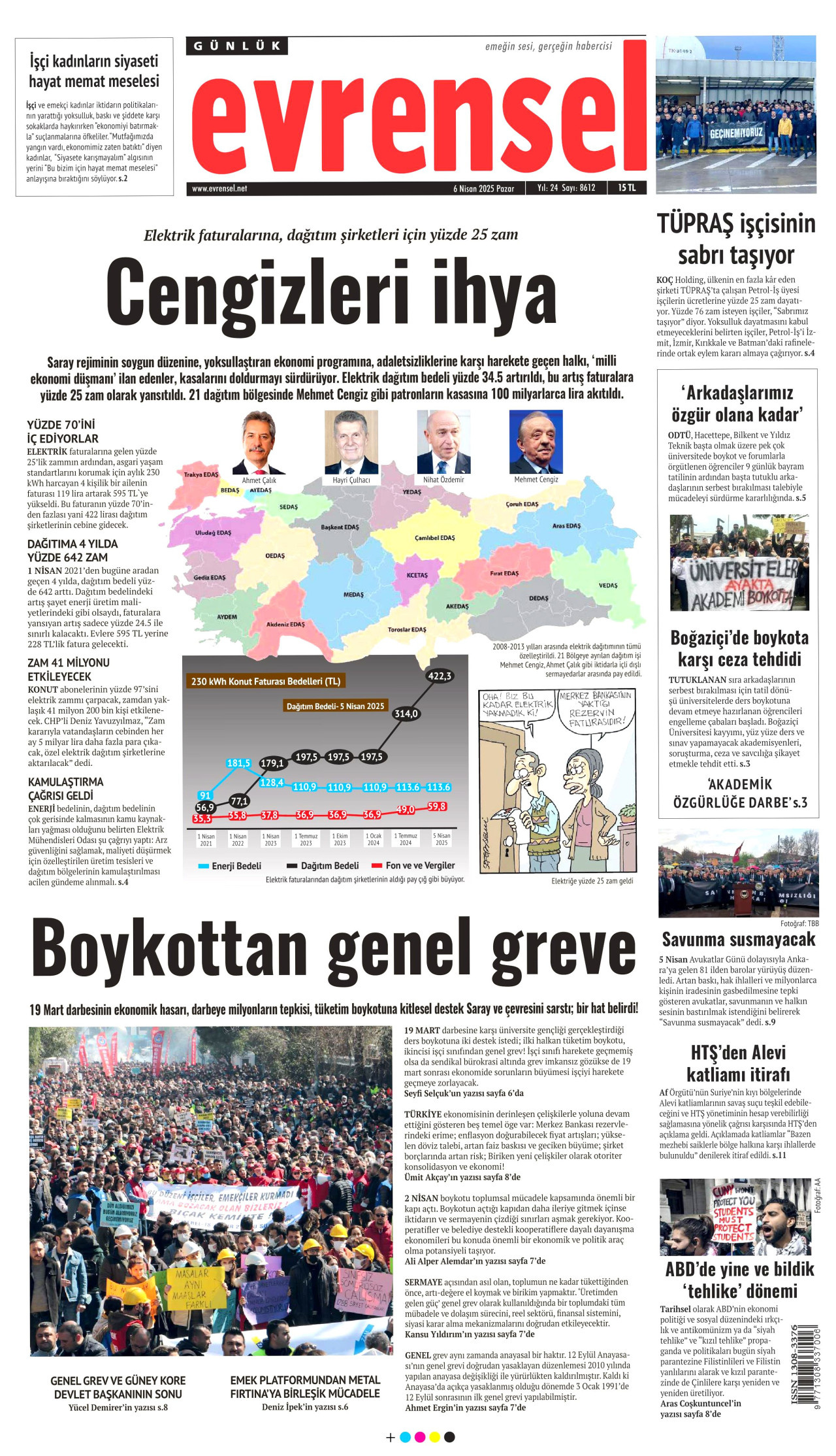EVRENSEL gazetesinin 6 Nisan 2025 tarihli birinci sayfası