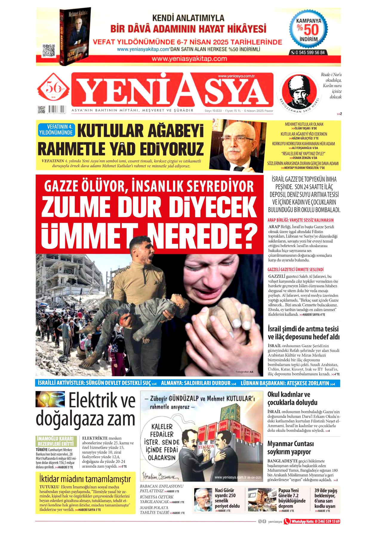 YENİ ASYA gazetesinin 6 Nisan 2025 tarihli birinci sayfası
