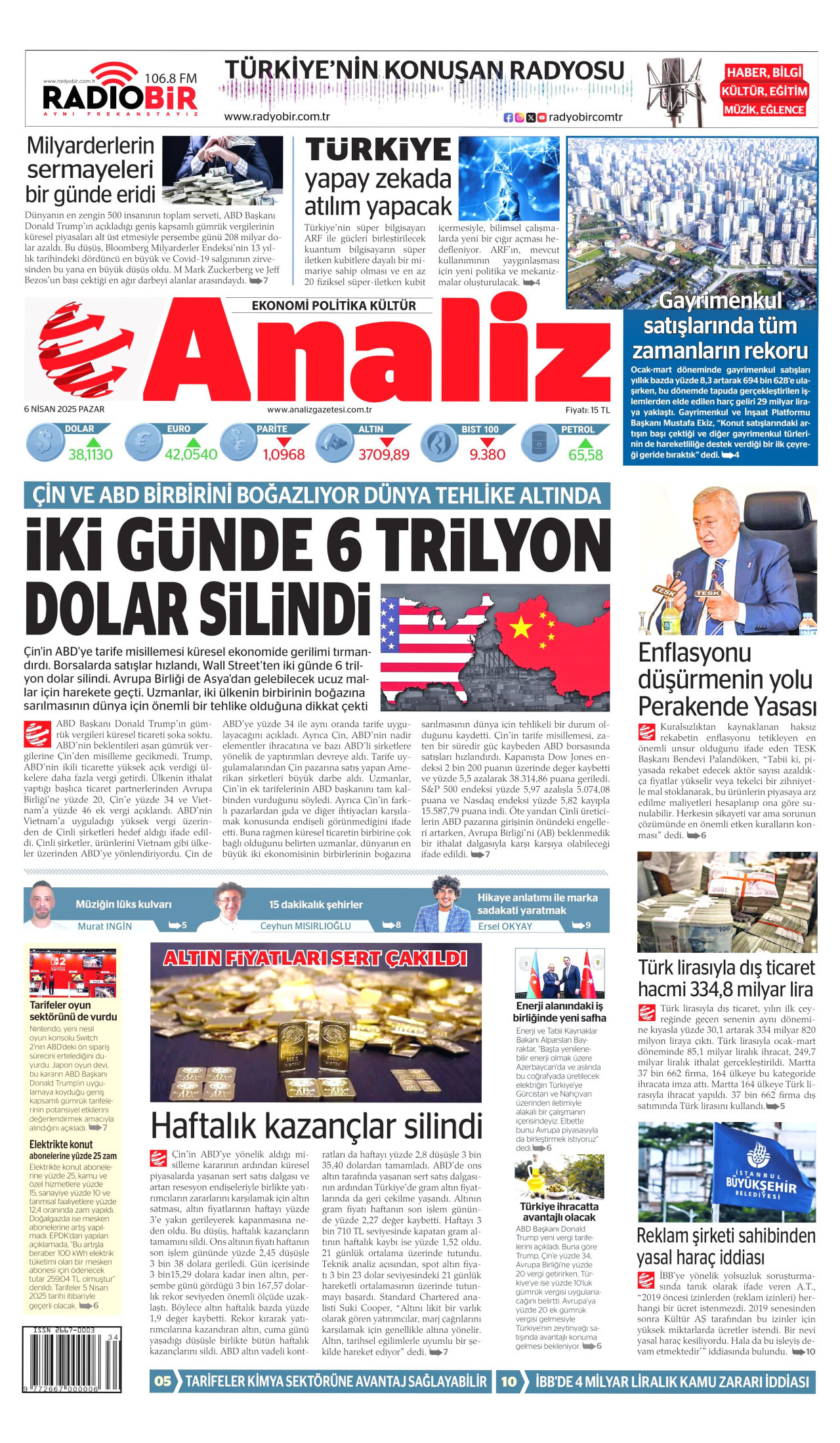 ANALİZ gazetesinin 6 Nisan 2025 tarihli birinci sayfası
