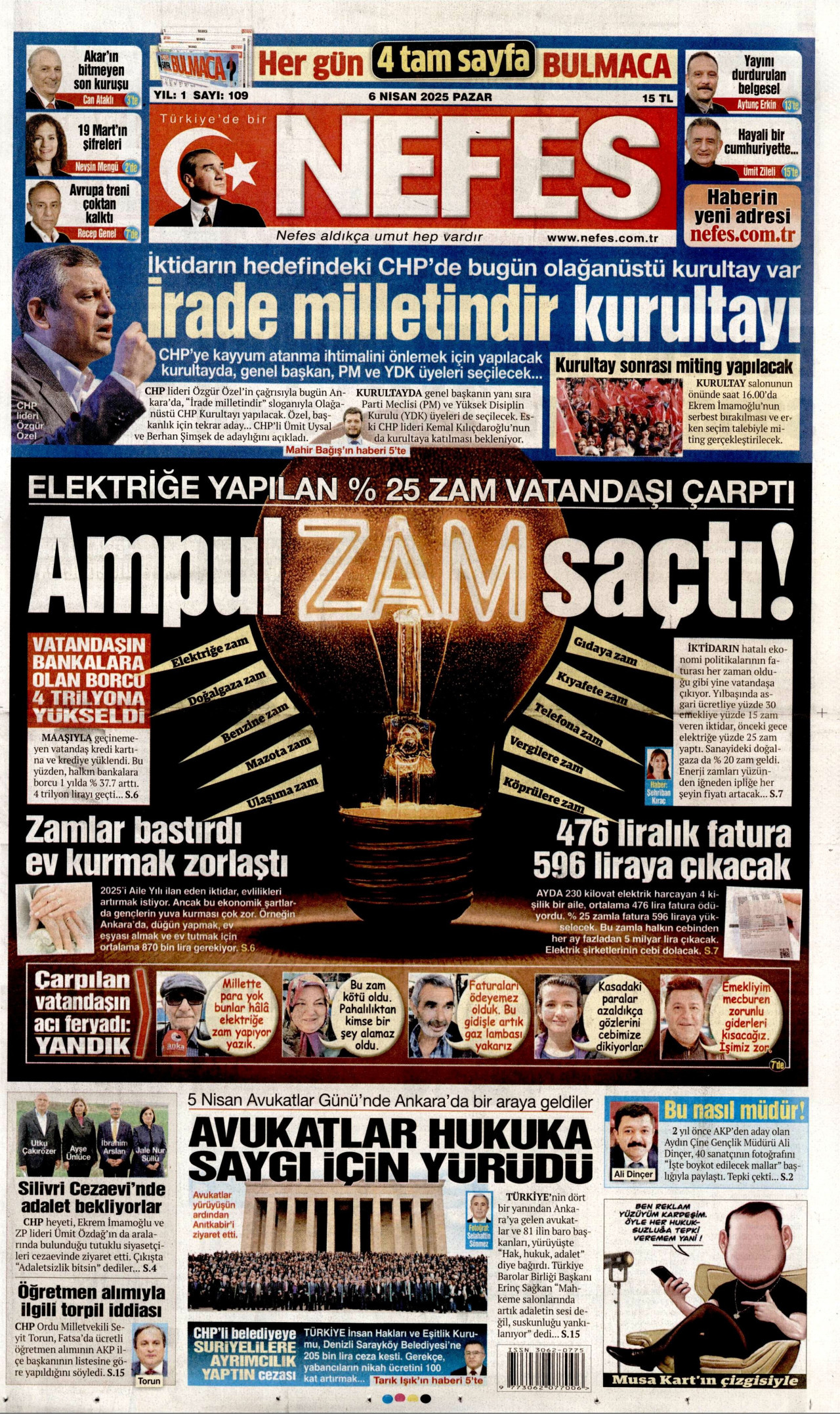 NEFES gazetesinin 6 Nisan 2025 tarihli birinci sayfası