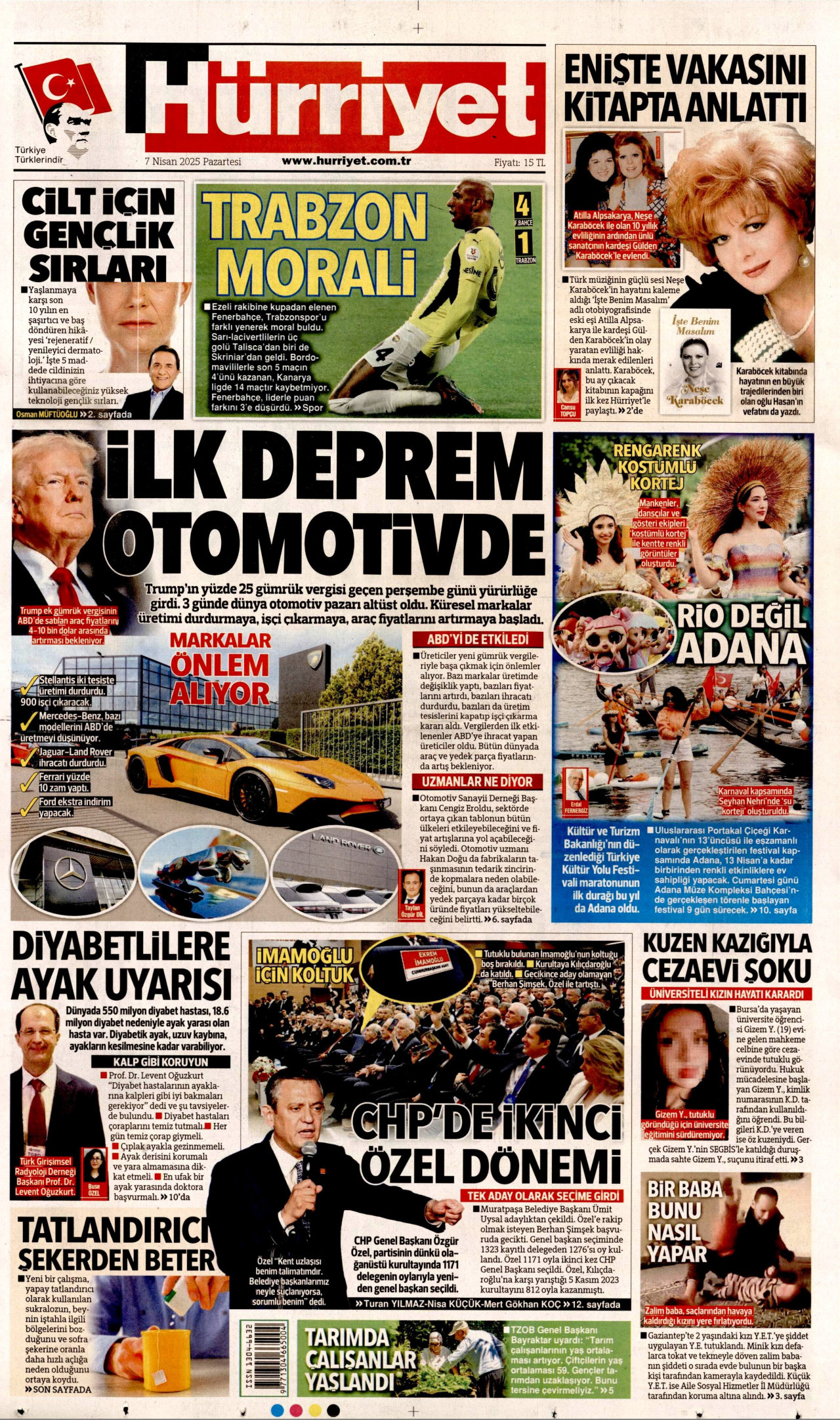 HÜRRİYET gazetesinin 7 Nisan 2025 tarihli birinci sayfası