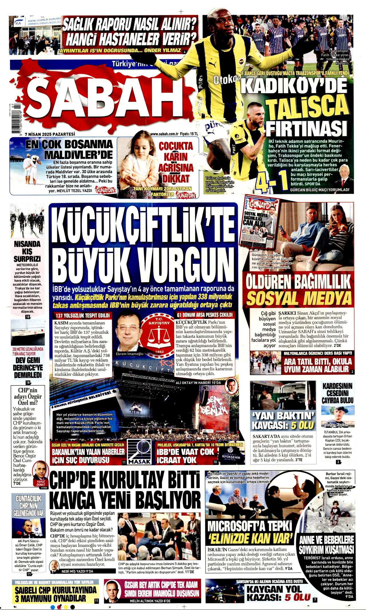 SABAH gazetesinin 7 Nisan 2025 tarihli birinci sayfası