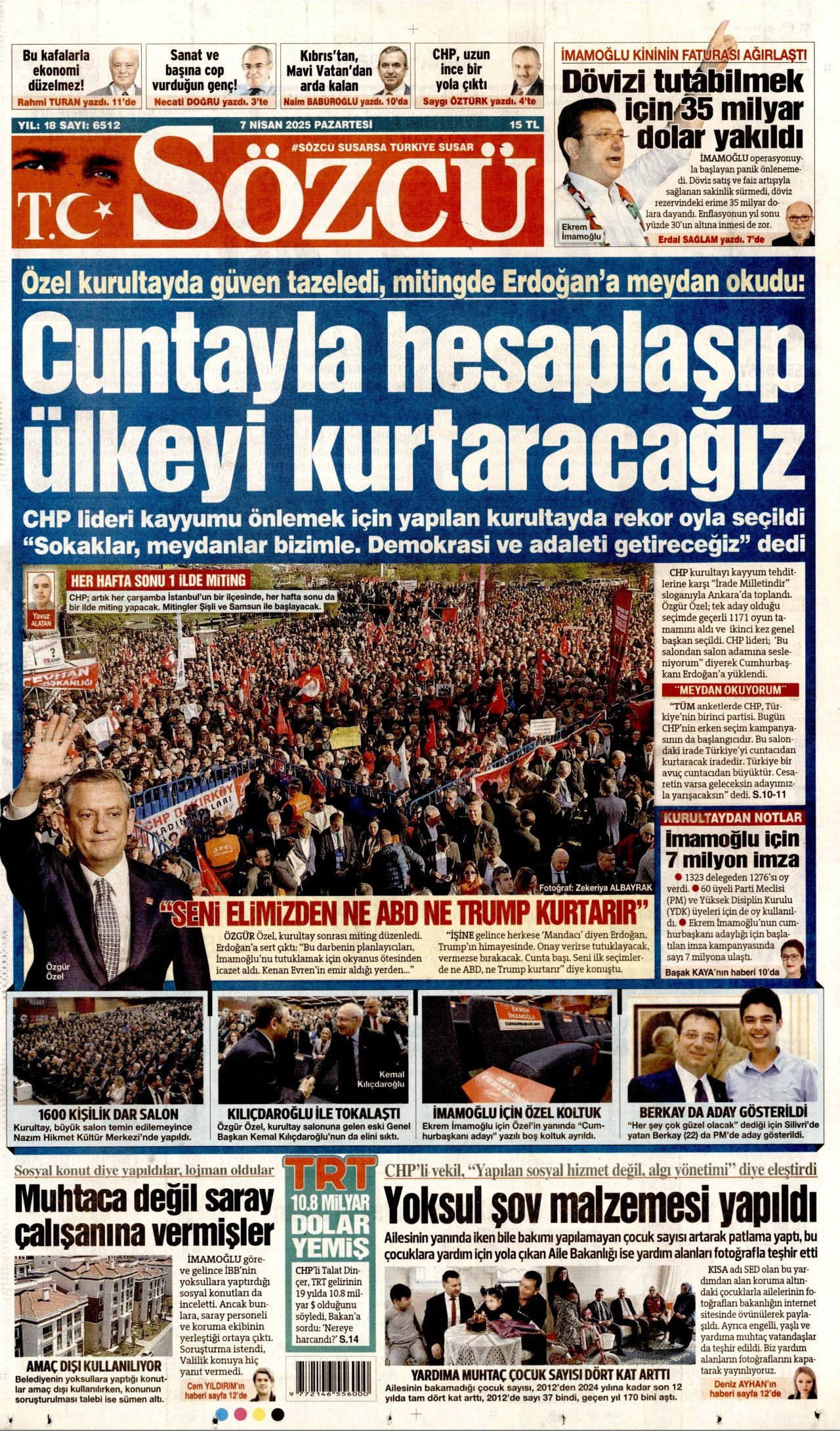 SÖZCÜ gazetesinin 7 Nisan 2025 tarihli birinci sayfası