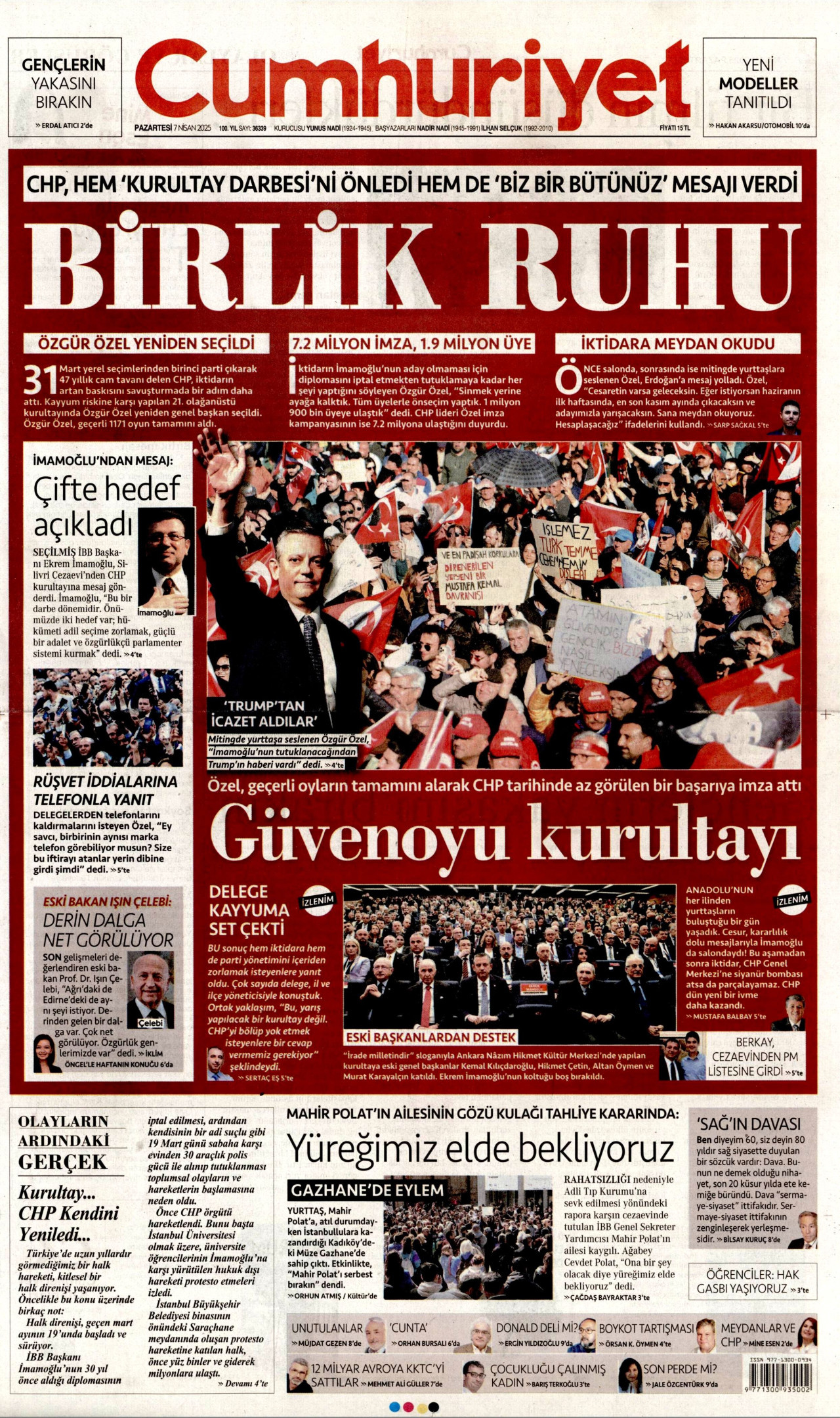 CUMHURİYET gazetesinin 7 Nisan 2025 tarihli birinci sayfası