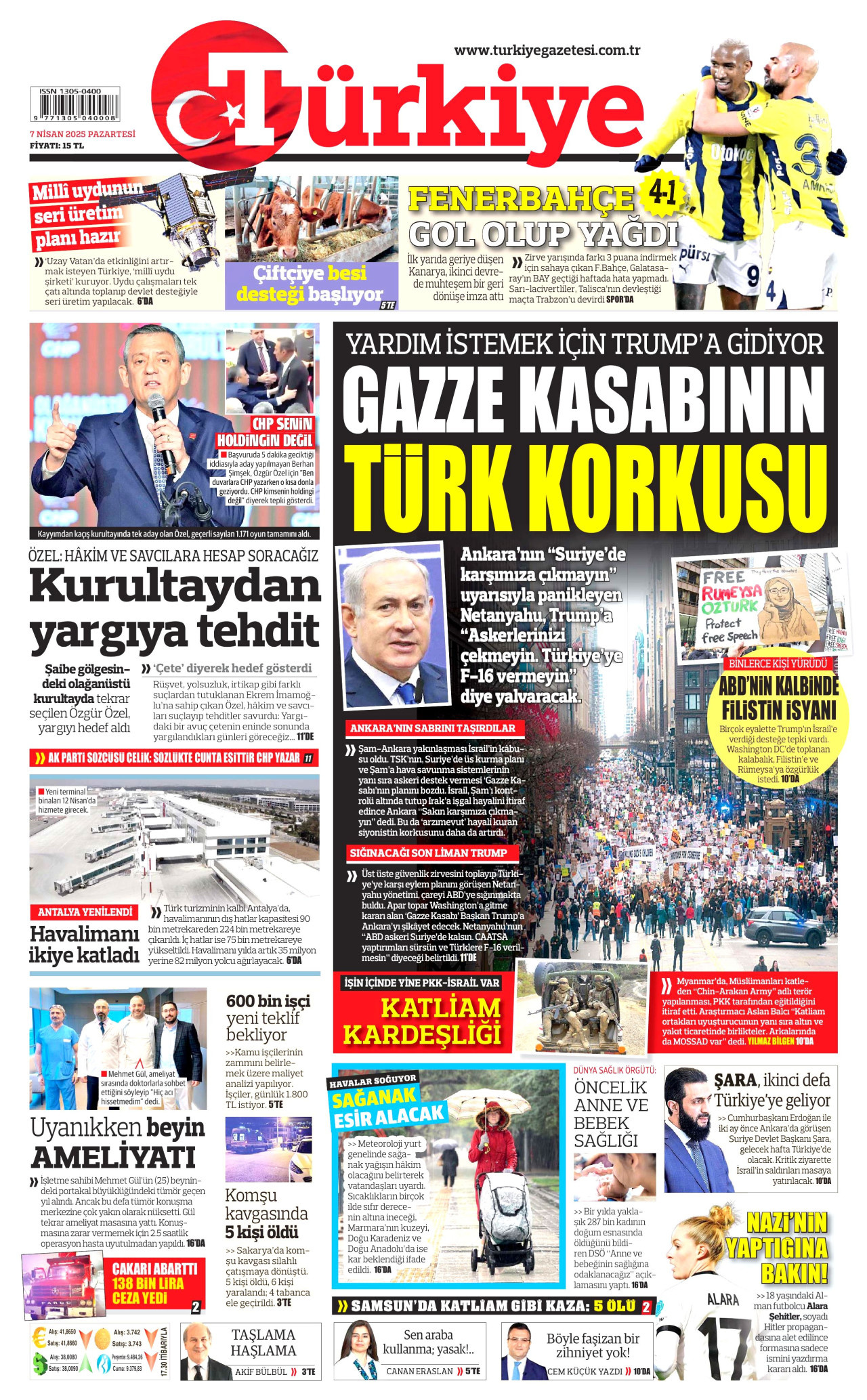 TÜRKİYE GAZETESİ gazetesinin 7 Nisan 2025 tarihli birinci sayfası