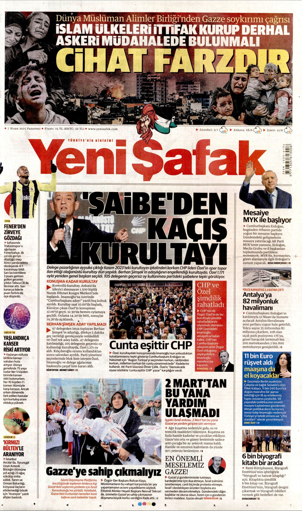 YENİ ŞAFAK gazetesinin 7 Nisan 2025 tarihli birinci sayfası