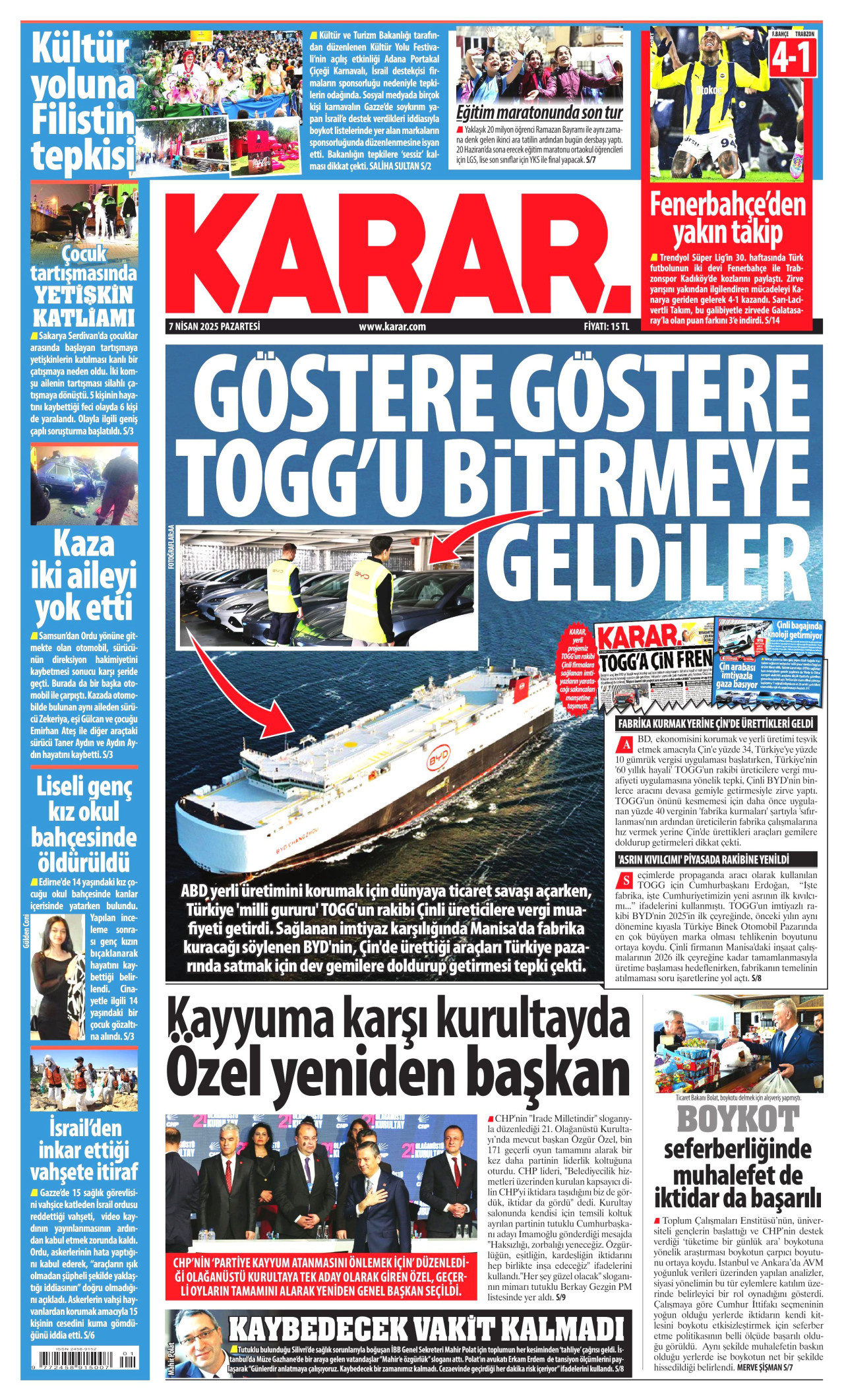 KARAR gazetesinin 7 Nisan 2025 tarihli birinci sayfası