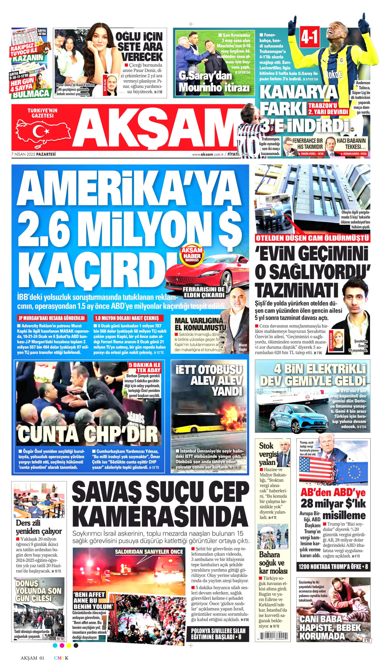 AKŞAM gazetesinin 7 Nisan 2025 tarihli birinci sayfası