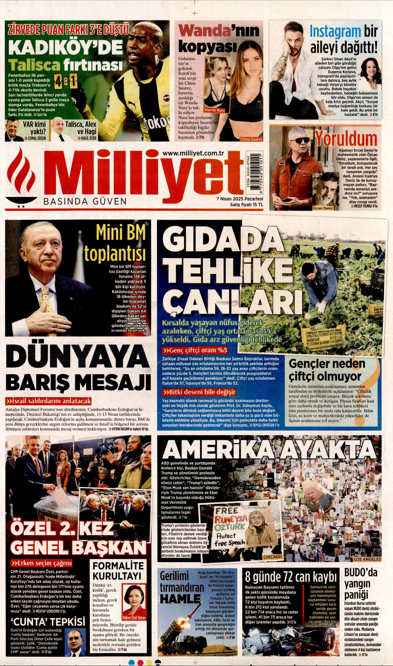 MİLLİYET gazetesinin 7 Nisan 2025 tarihli birinci sayfası
