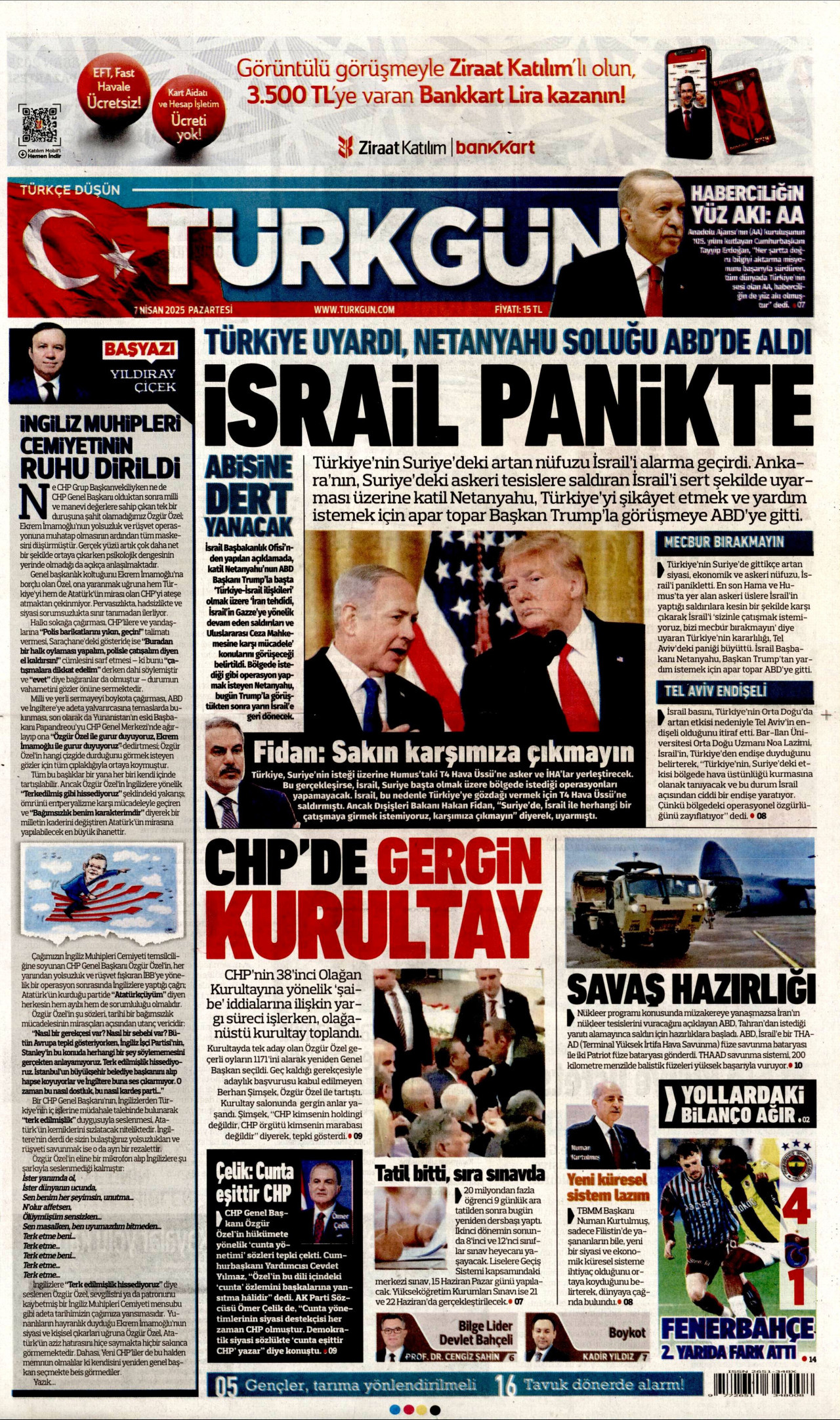 TÜRKGÜN gazetesinin 7 Nisan 2025 tarihli birinci sayfası