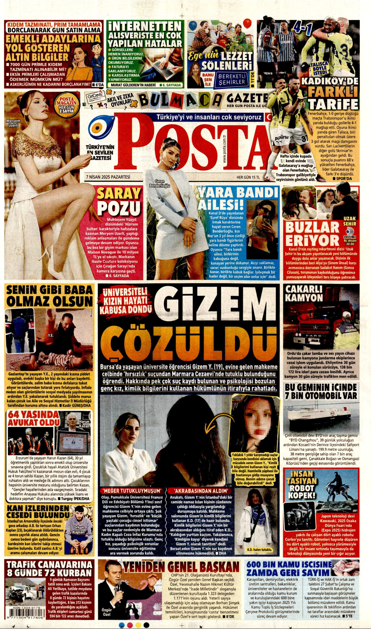 POSTA gazetesinin 7 Nisan 2025 tarihli birinci sayfası