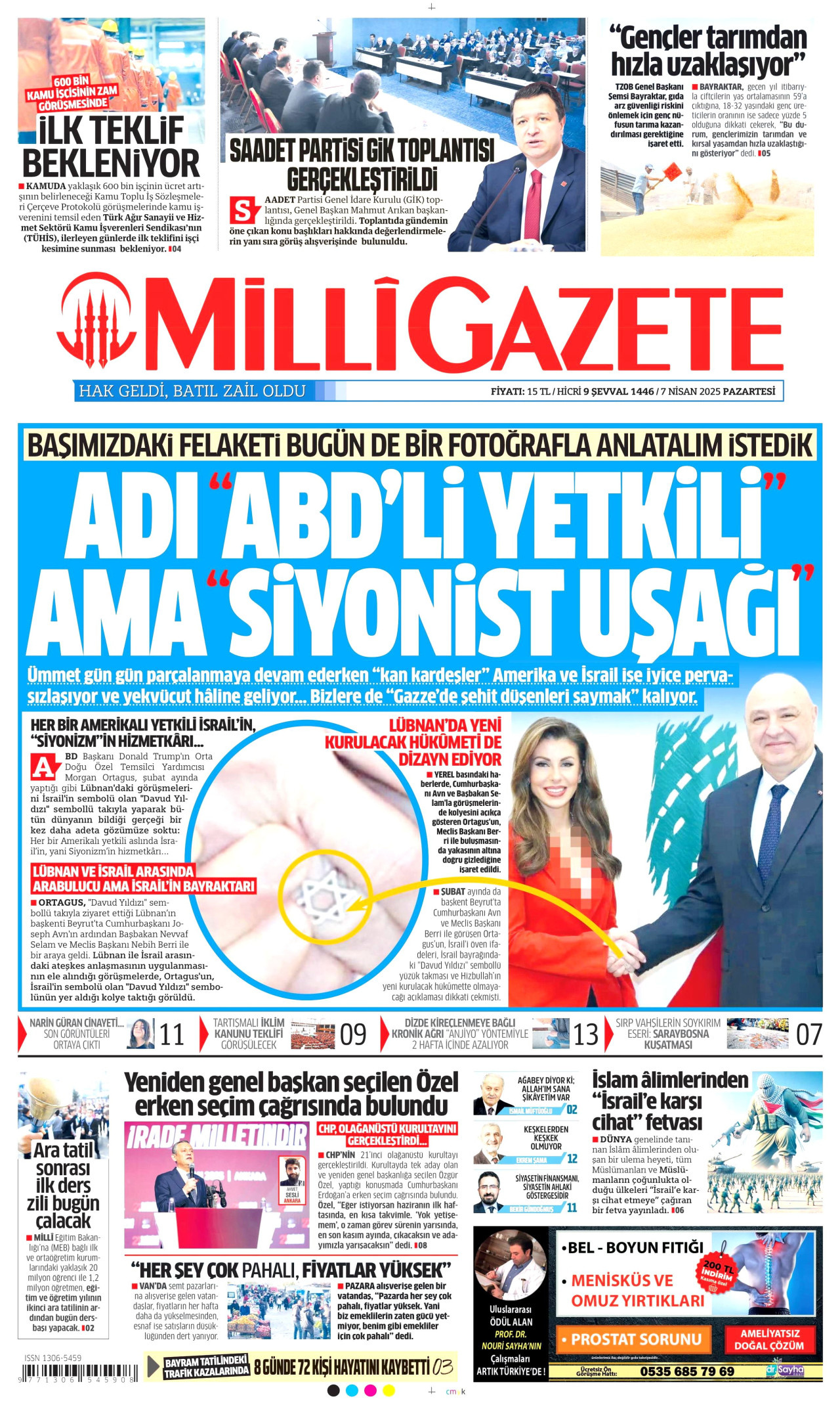 MİLLİ GAZETE gazetesinin 7 Nisan 2025 tarihli birinci sayfası