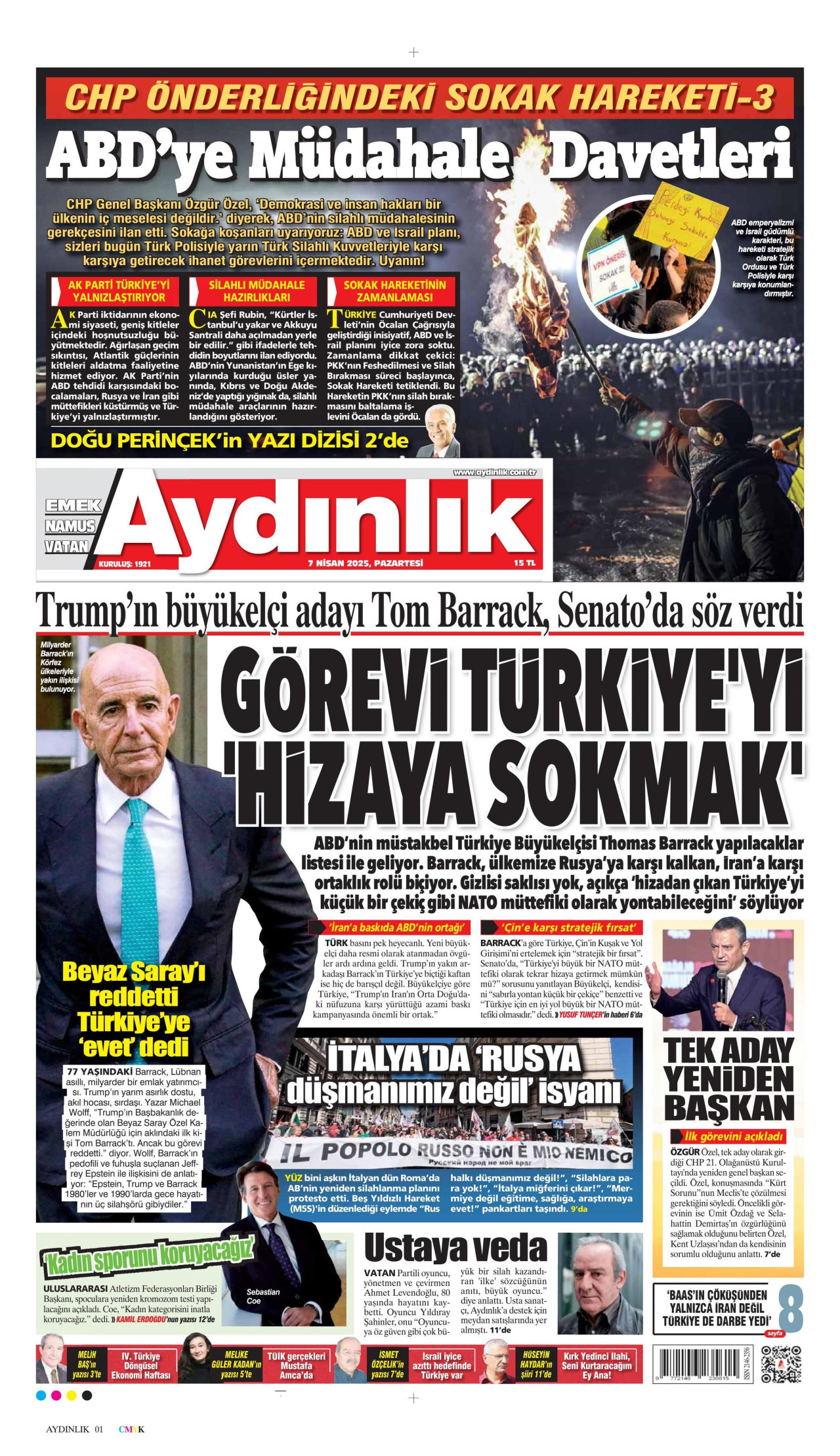 AYDINLIK GAZETESİ gazetesinin 7 Nisan 2025 tarihli birinci sayfası
