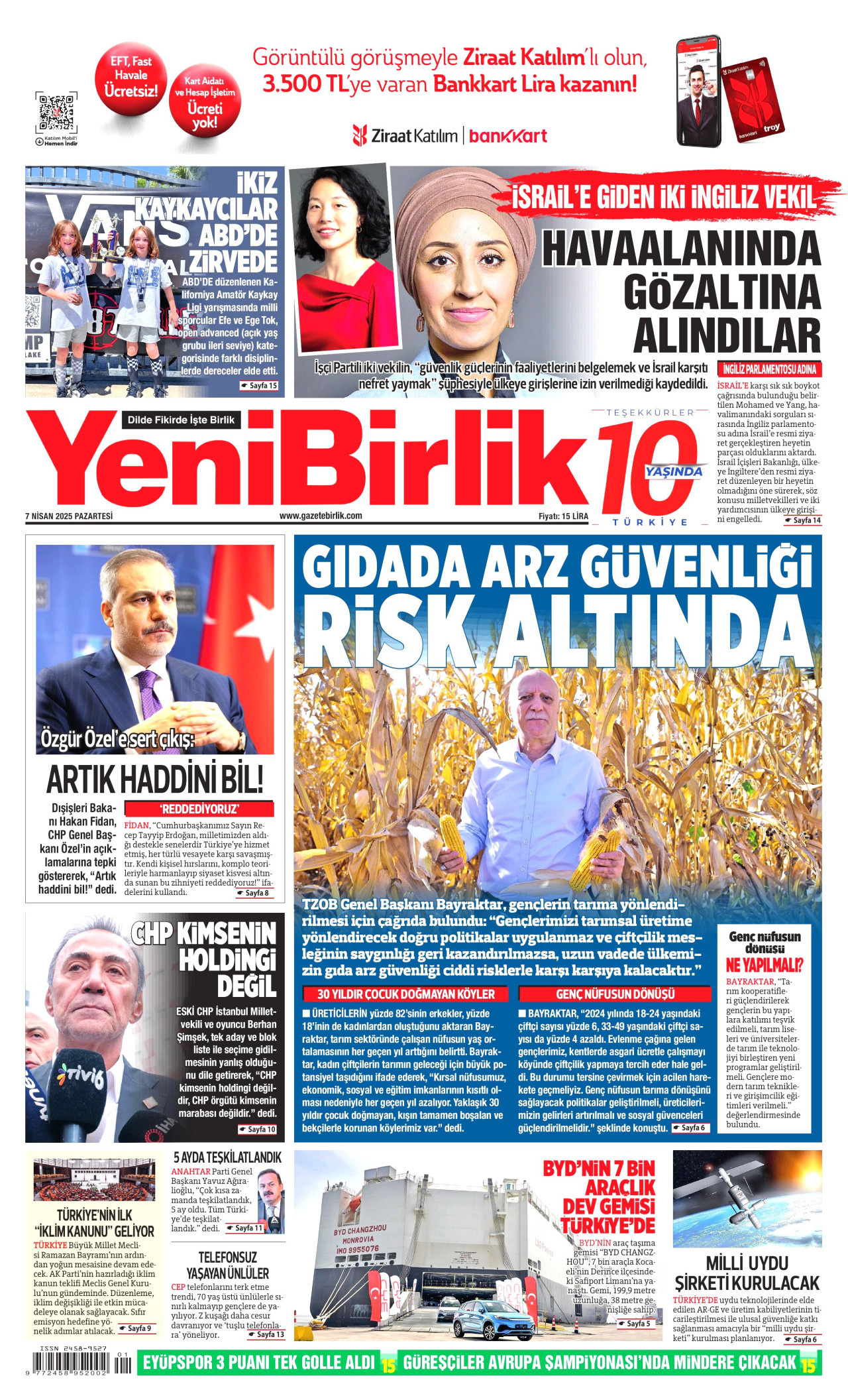 YENİBİRLİK gazetesinin 7 Nisan 2025 tarihli birinci sayfası