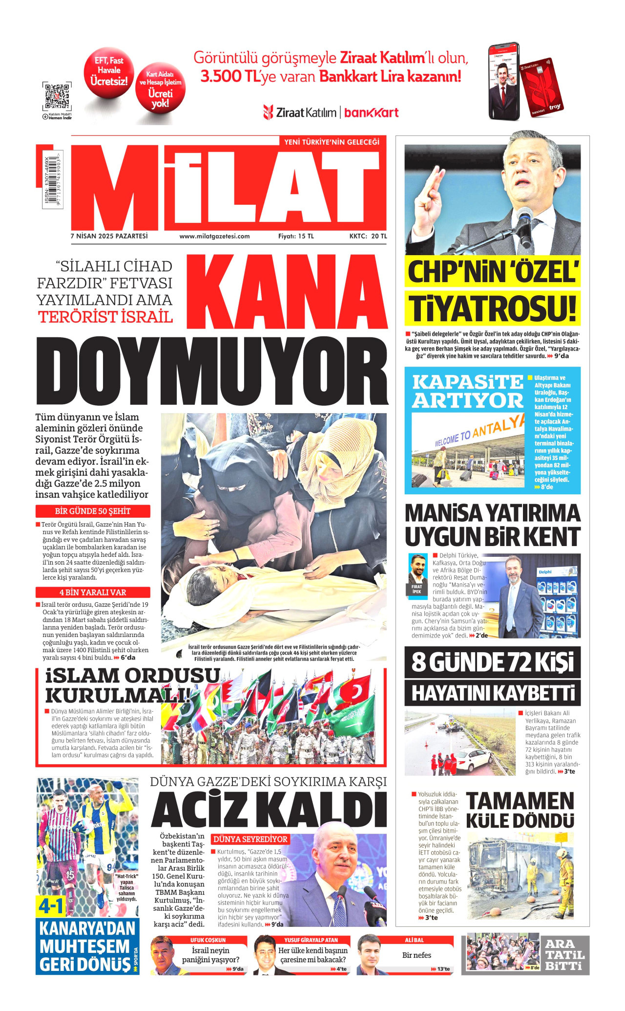 MİLAT gazetesinin 7 Nisan 2025 tarihli birinci sayfası
