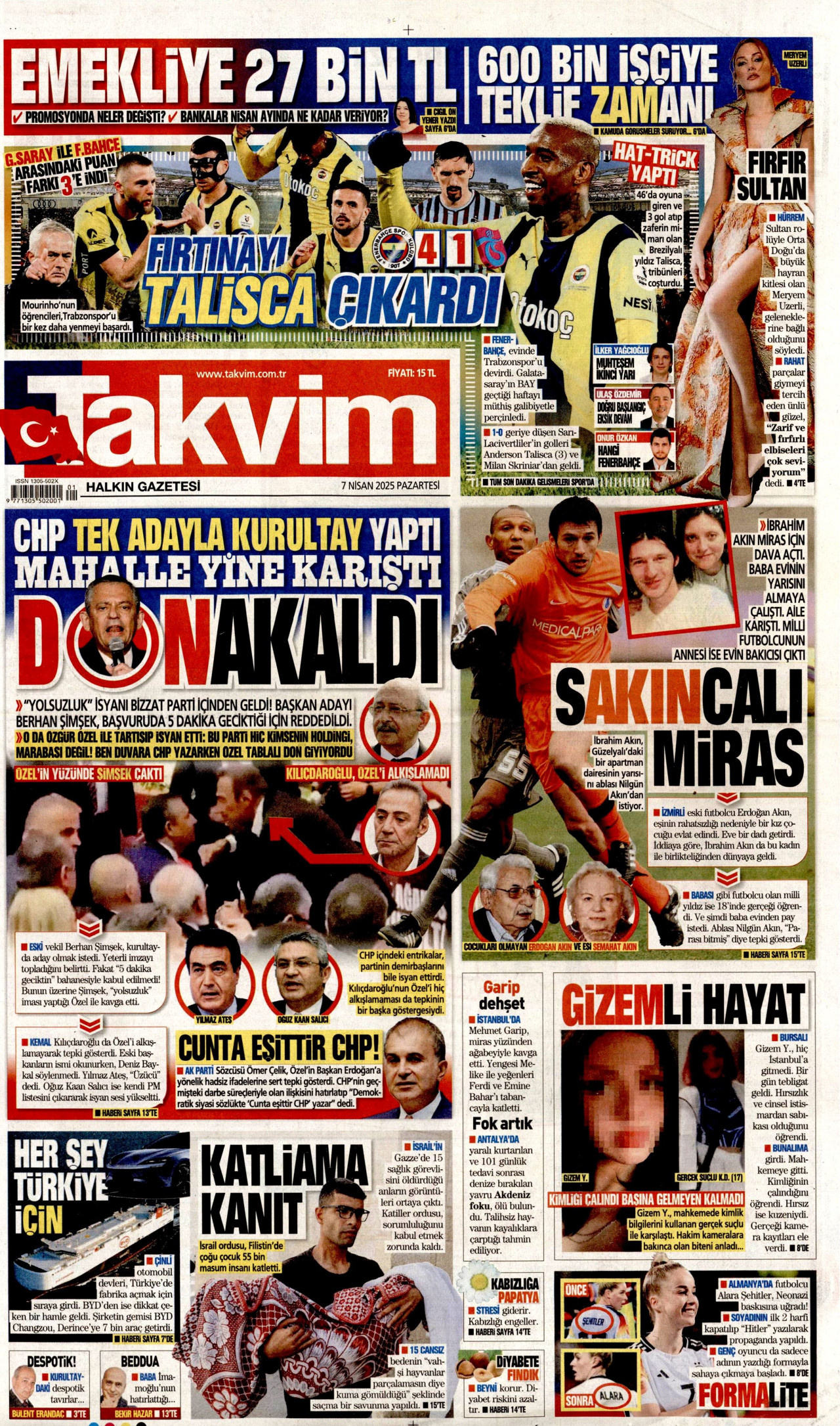 TAKVİM gazetesinin 7 Nisan 2025 tarihli birinci sayfası