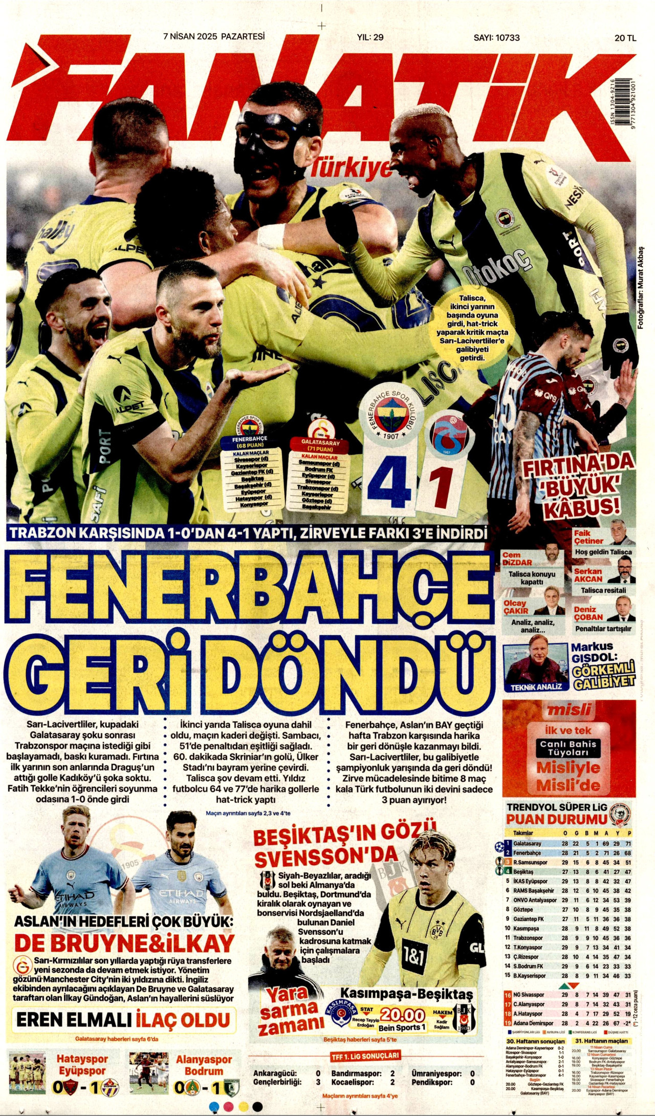 FANATİK gazetesinin 7 Nisan 2025 tarihli birinci sayfası