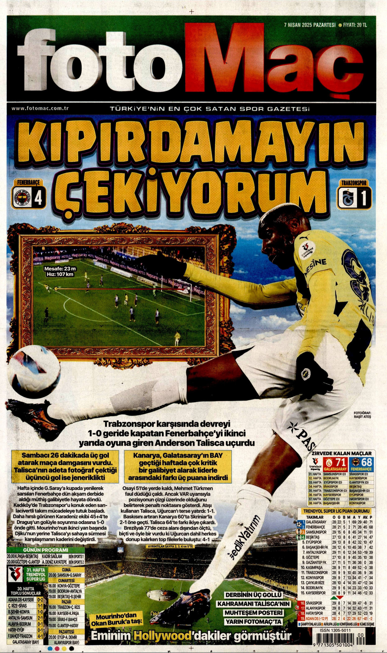 FOTOMAÇ gazetesinin 7 Nisan 2025 tarihli birinci sayfası
