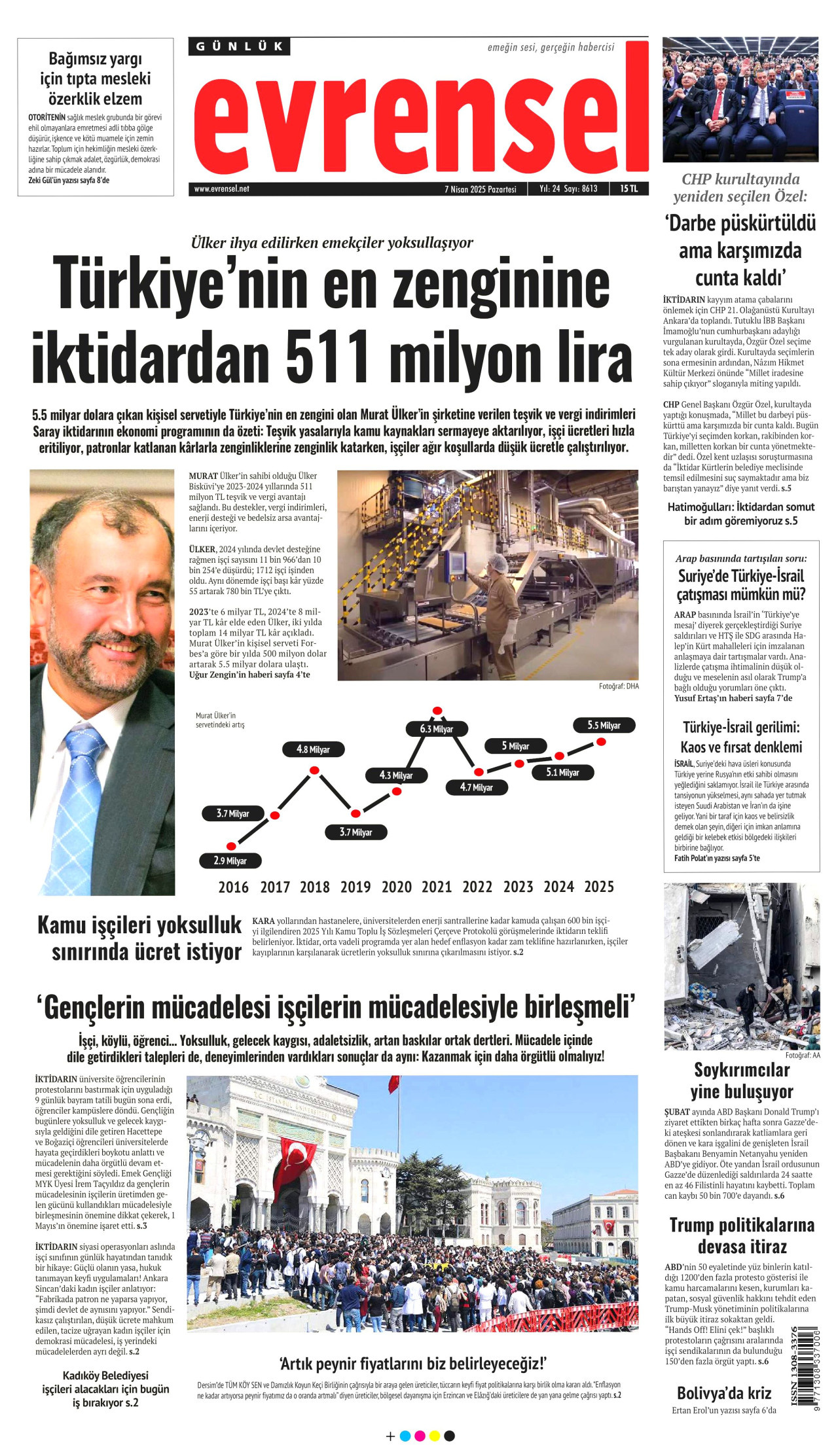 EVRENSEL gazetesinin 7 Nisan 2025 tarihli birinci sayfası