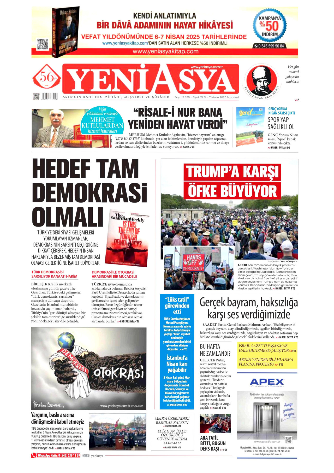 YENİ ASYA gazetesinin 7 Nisan 2025 tarihli birinci sayfası