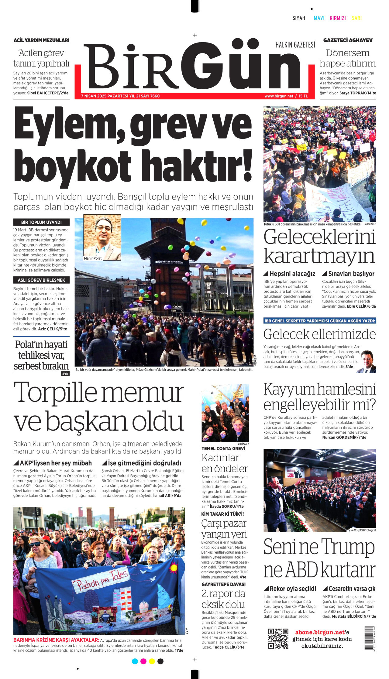 BİRGÜN gazetesinin 7 Nisan 2025 tarihli birinci sayfası